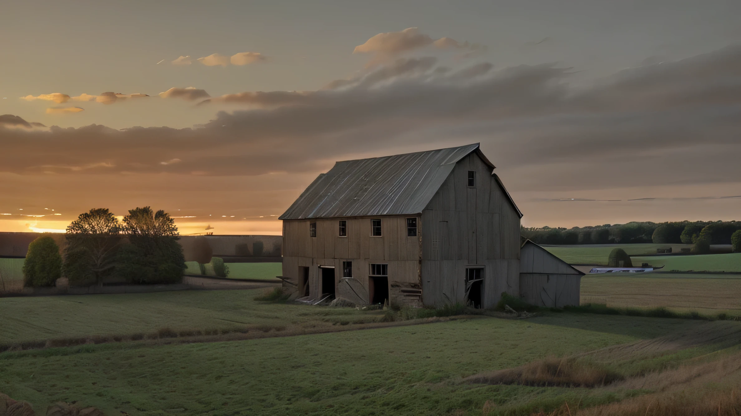 andrew wythe style, very old delapidated barn that is falling down, in a field, silo behind the barn, sunset, barn is falling down