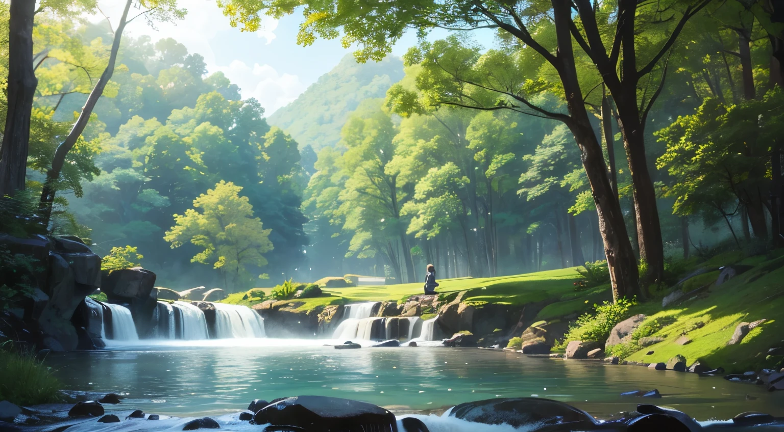 I took a photo of a peaceful moment spent in nature..。wood々Imagine a peaceful landscape bathed in soft morning light.。.。a gentle meandering stream、Surrounded by lush greenery。The overall atmosphere is calm and connected to the natural world.、Highlights the beauty and serenity of outdoor moments。