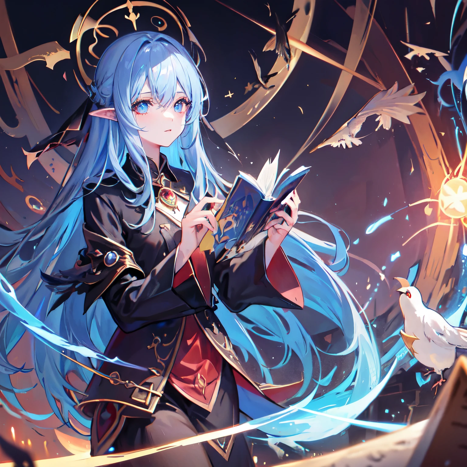 die,Blood,night, dark, (fantasy),unlimited,deep blue sky,The abyss of Knowledge,Knowledge,((masterpiece)), (((highest quality))),((detailed and beautiful eyes)),(eyelash),monster,(1 girl),blue hair,long hair,eyes of the abyss,shiny skin,Oil,small breasts,(bird body,feather),wear cloth rags, Tzeentch,goblin,extremely detailed CG unity 8k wallpaper,masterpiece, ((Super detailed)), ((figure)),colorful,wallpaper,energy,fear of the unknown,difficult to understand,around the magic,magic surrounds,Magic stick,Book,Pages fly across the sky,know it all,predict the future,know the past,unlimited wisdom,blue flame,warlock,magic circle,pentagram,incantation,mantra,singing magic,