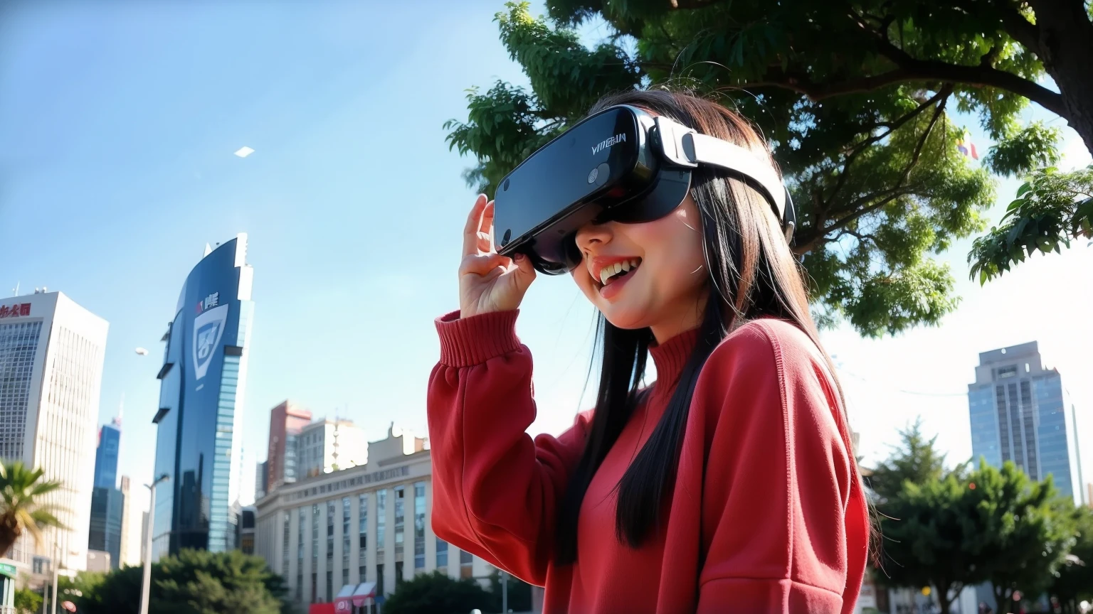 world peace,The square is lined with high-rise buildings,A two-dimensional girl wearing VR glasses,A look of excitement,Chinese flag waving aside