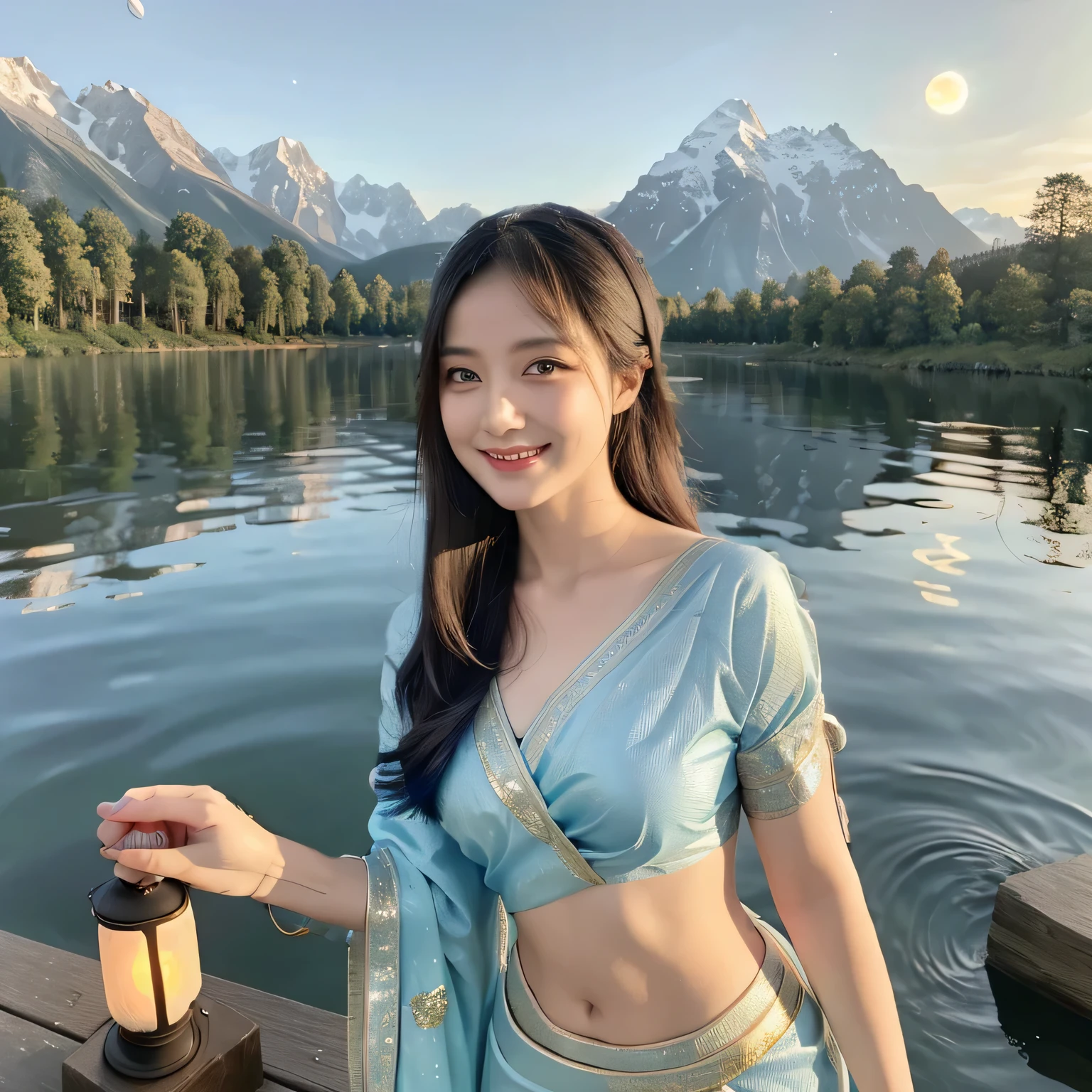 (blue saree,beautiful smile) (dark hair,long,detailed,shiny:1.1),dazzling eyes,portrait style,natural lighting,vivid colors,realistic