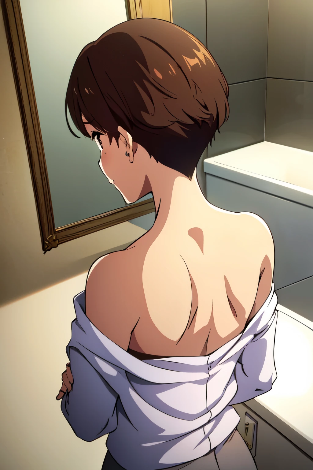 (naked)、(Brown berry shorthair)、((kinuhata saiai))、facing the viewer、NSFW、(highest quality, 8k, masterpiece, best image quality,  ultra hd, delicate and smooth skin, real looking skin, perfect and beautiful face ,perfect and cute face, high detail skin, perfect limbs、thin waist、thin legs)、(slightly swollen chest)、pool、(adjusting_from behind, looking back)