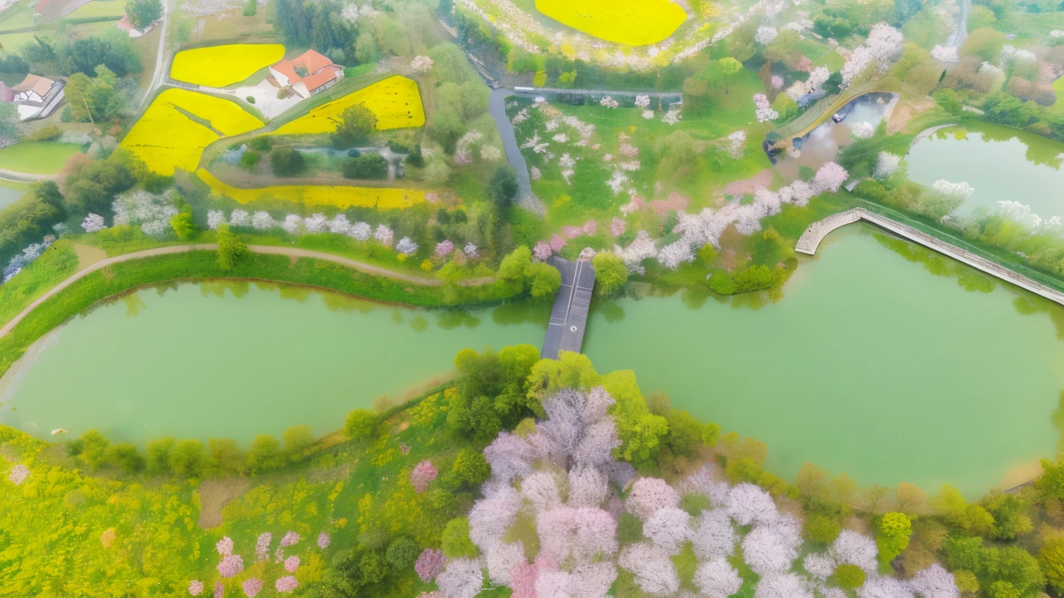 mist,mist,mist,golden light of morning,Golden light,有桥梁和池塘的公园的bird's eye view图, nice images, Shoot from above, view above, view from above, Look from above, photo taken from above, view from above, bird's eye view, photo taken from above, drone shot, cherry blossom forest, drone view, photo above, Hangzhou, drone shot, aerial photography,breathtaking landscape photography,original photo,masterpiece,best quality,(CG:1.1),Stunning lights and shadows,cinematic lighting,high quality,clear focus,Photorealism,octane rendering,Panorama,perfect composition,perfect lighting,Cinematic lighting,God Ray,8k,global illumination,National Geographic Photos,500px,Award-winning photography