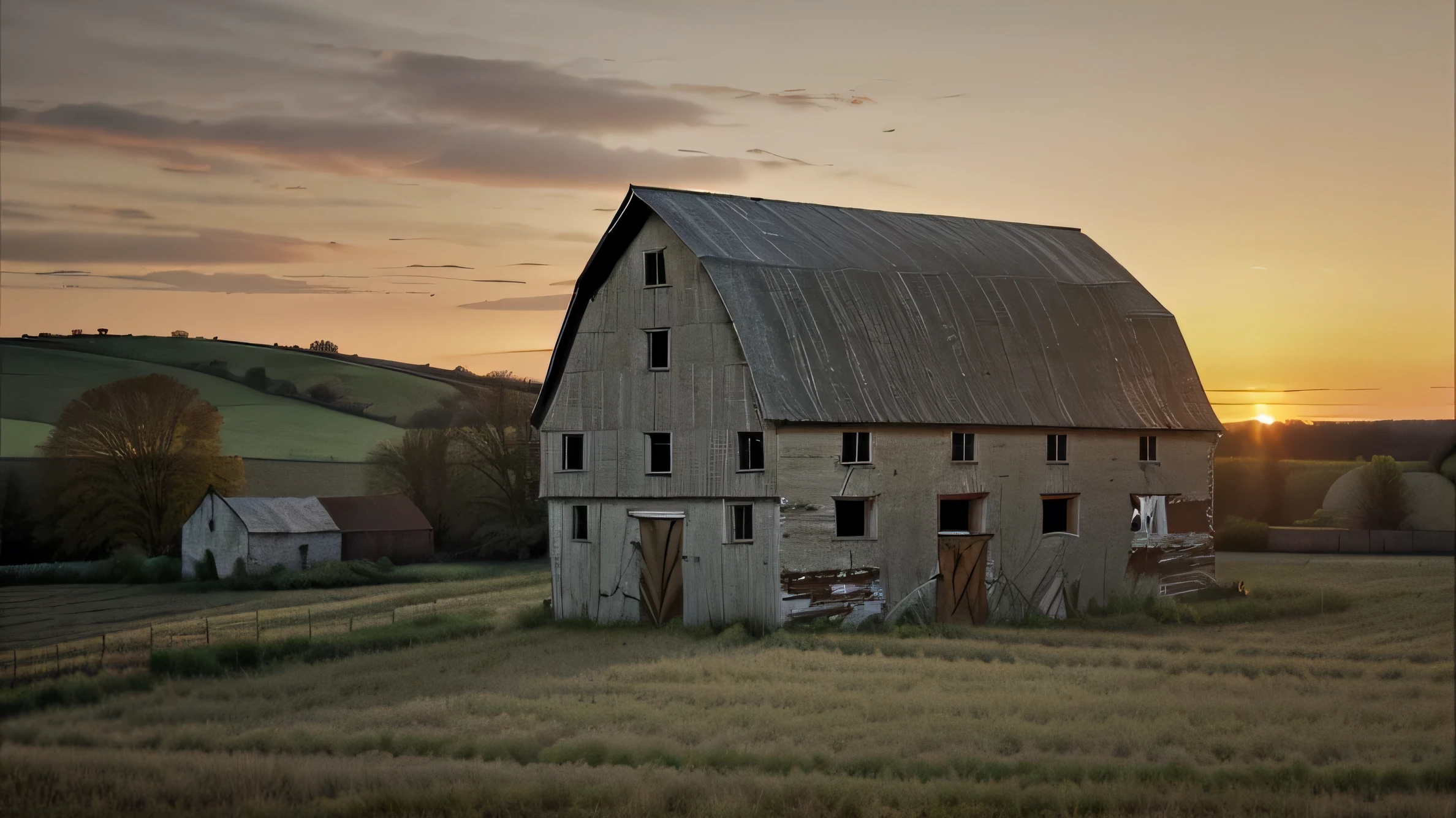 andrew wythe style, very old delapidated barn that is falling down, in a field, silo behind the barn, sunset, barn is falling down