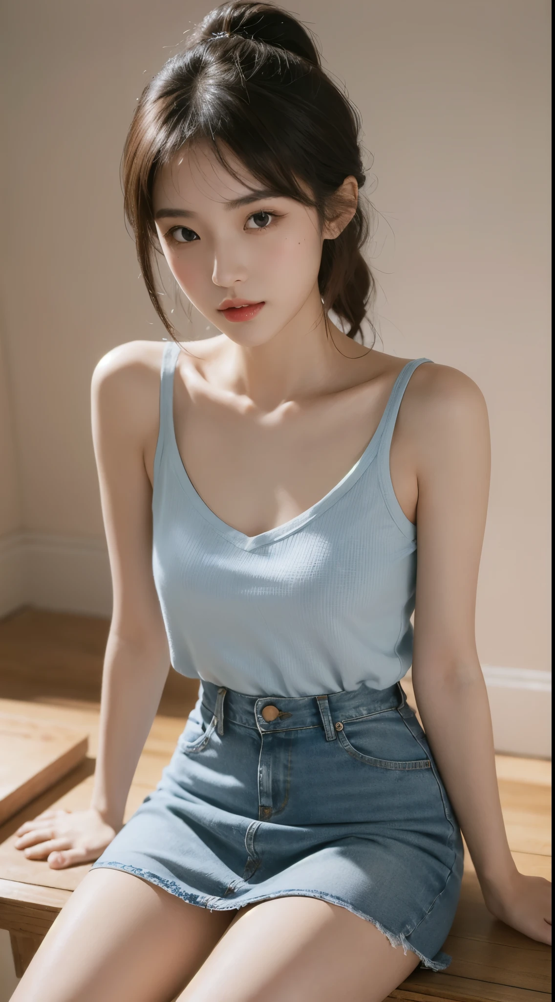 A -yeld gilight blue camisole and denim shorts、、shopping mall、full bodyesbian、Twin-tailed