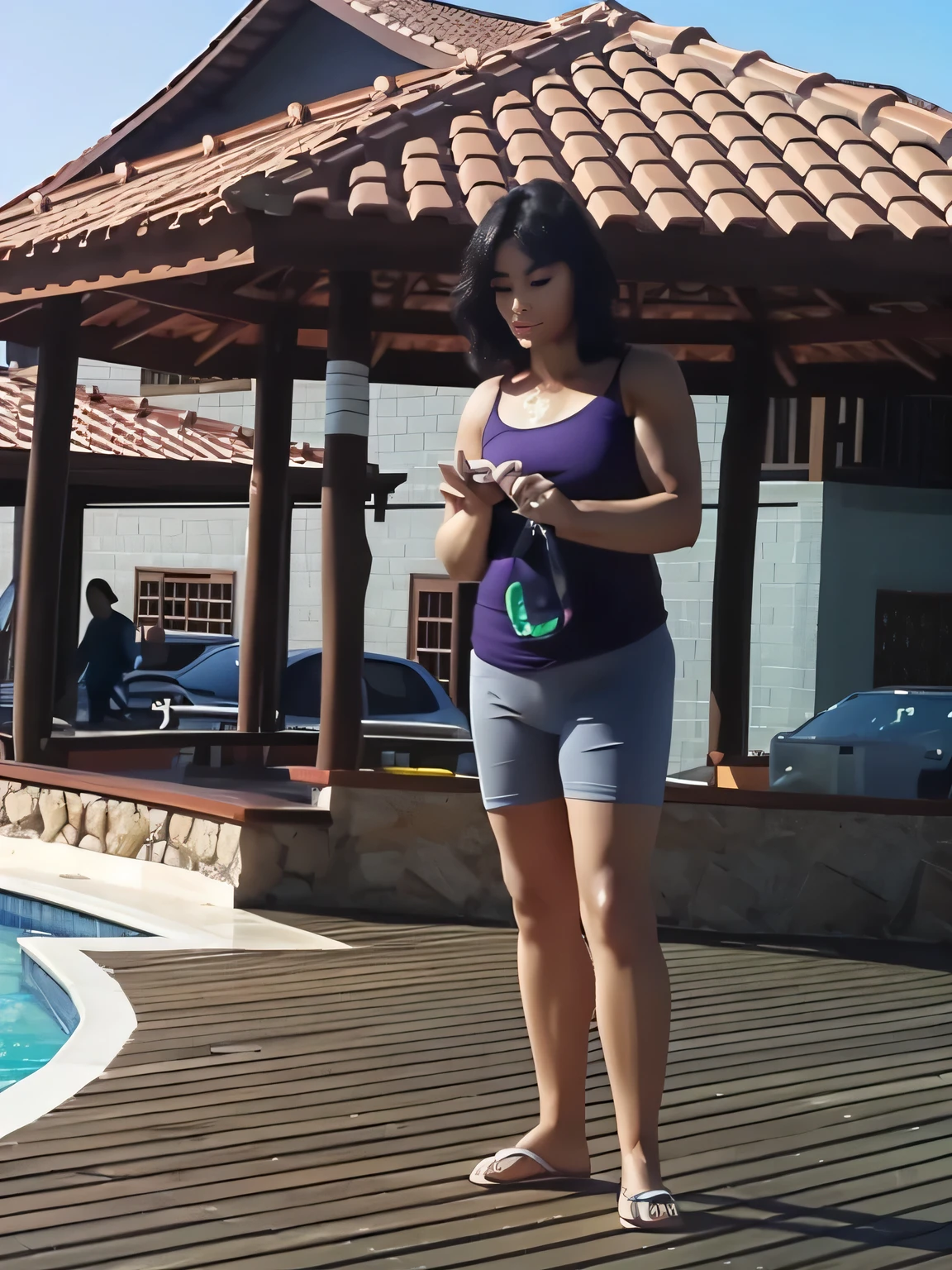Elegant lady、Sorrisos、38 years old、Tank tops、full entire body、skirts. 65 cm tall, wet swimsuit, 155 cm tall, the woman is extremely hot and sexy, provocative, around 35 years old. A woman with tanned white skin and dark hair. She is about 35 years old. Her slightly plump lips are like a delicate flower, her dark brown eyes seem to contain a world of wonders. Slim body. Thin waist. Her body exudes glamor and her face is the definition of beauty, tan, beautiful skin, soft lips, pink lipstick, a feeling of lightness and joy, hyperrealism, very elaborate skin, a direct look. Fitness woman, fitness woman, fitness woman, fit woman, woman in gym, full body photo, clear photo, high quality, hi