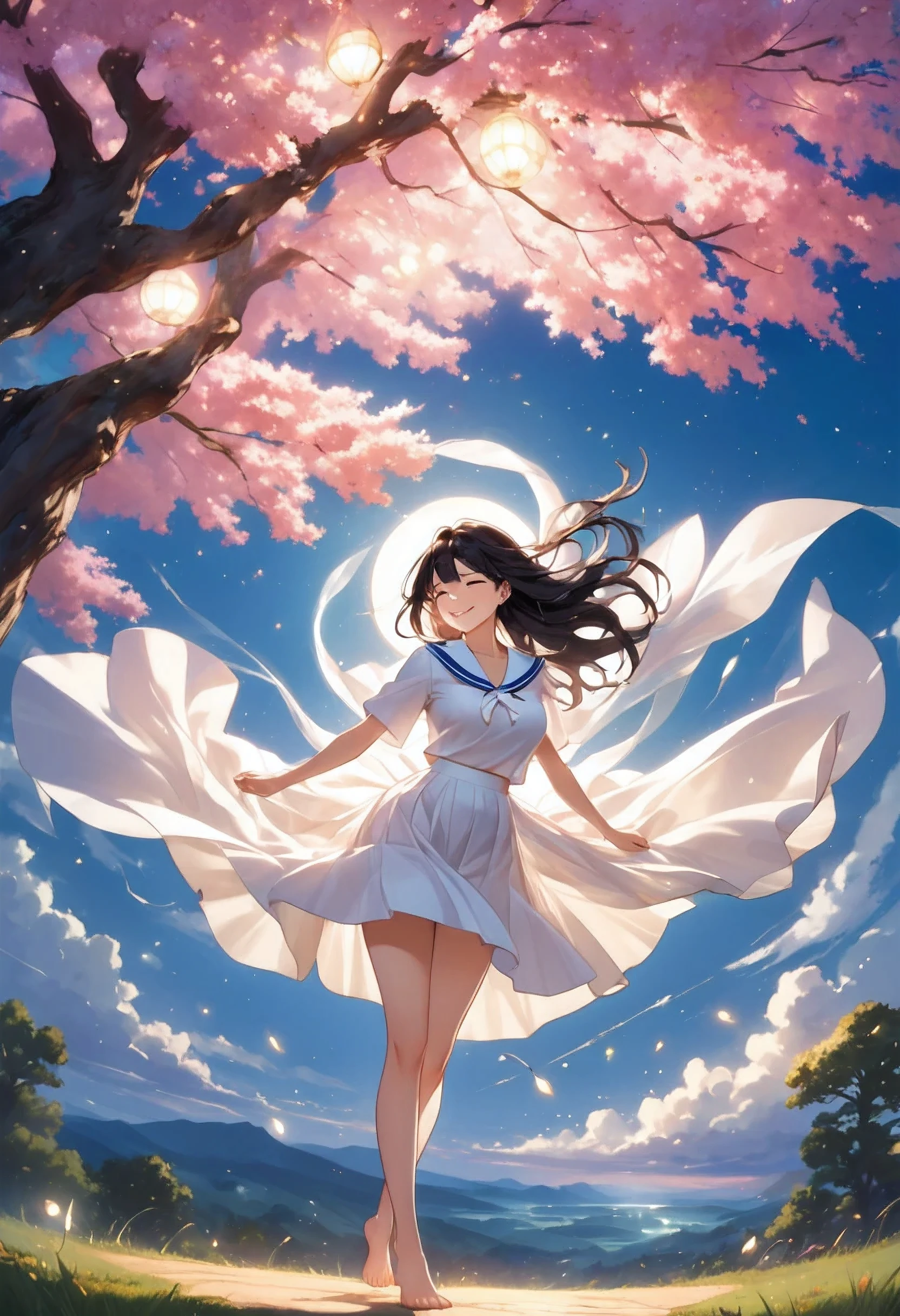 Big cherry tree　sailor suit　shedding tears　smile　I close one eye　long black hair　skirt is short　knee high　big breasts　Mature　I can see your pants　My skirt is blown up by the wind　barefoot　A look of regret at parting　A sparkling atmosphere　evening