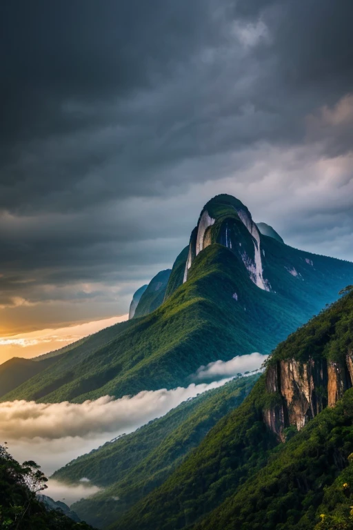 A majestic large mountain in Brazil, with clouds at the background, a ray of light shining upon it, 8k resolution, realistic and highly detailed photo. The grandiosity of the mountain is captured in every detail, from the textured rocks to the nuanced shades of the clouds. The ray of light brilliantly illuminates the scene, adding depth and dimension to the image. The photo is a testament to the beauty and majesty of nature, inviting the viewer to appreciate the intricacies of the scene. Realistic representations of the mountain's peaks and the surrounding greenery invite the audience to immerse themselves in the scene. The detailed foliage and the various shades of green add