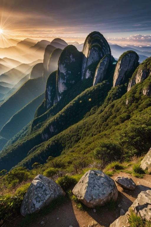 A majestic large mountain in Brazil, with clouds at the background, a ray of light shining upon it, 8k resolution, realistic and highly detailed photo. The grandiosity of the mountain is captured in every detail, from the textured rocks to the nuanced shades of the clouds. The ray of light brilliantly illuminates the scene, adding depth and dimension to the image. The photo is a testament to the beauty and majesty of nature, inviting the viewer to appreciate the intricacies of the scene. Realistic representations of the mountain's peaks and the surrounding greenery invite the audience to immerse themselves in the scene. The detailed foliage and the various shades of green add