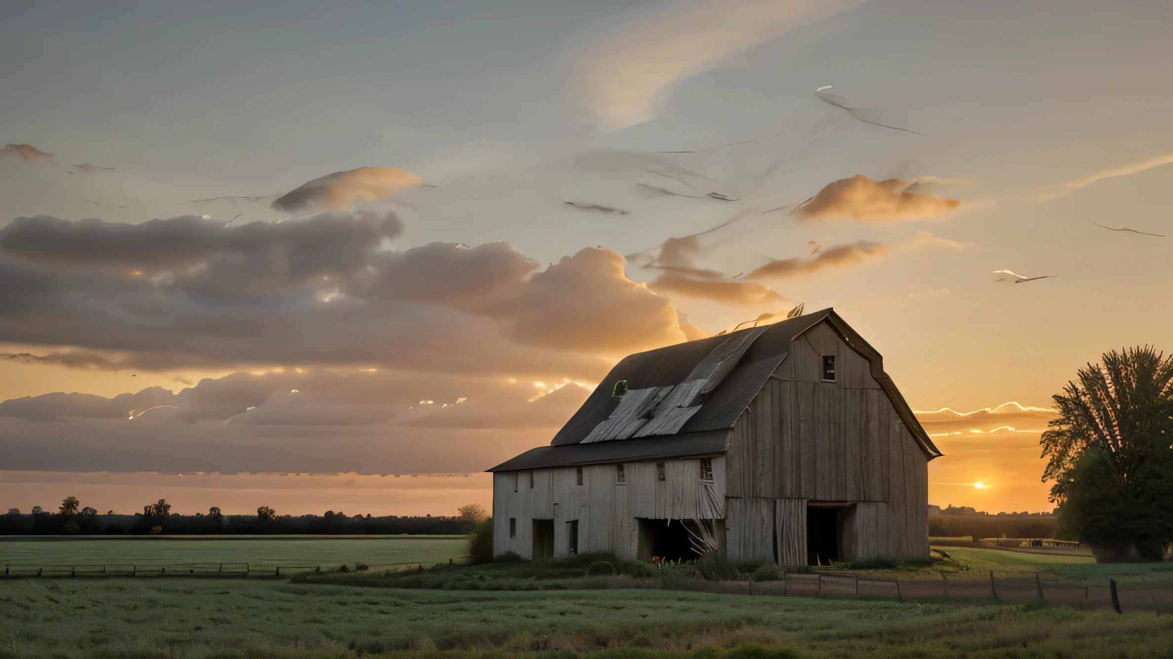 andrew wythe style, very old delapidated barn that is falling down, in a field, silo behind the barn, sunset, barn is falling down