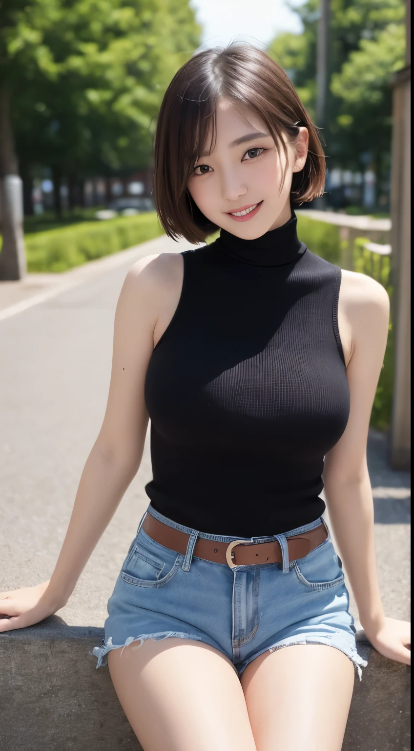 masutepiece、Best Quality、Illustration、 ultra-detailliert、hight resolution、8K Wallpapers、Perfect dynamic composition,、Beautiful detailed eyeedium Hair、(Beautiful Large Breasts:1.3)、Natural Color Lip、Bold sexy poses、Smile、Harajuku、20 years girl、Cute、Sexy shot looking at camera、(top-quality: 1.3), (masterpiece: 1.3), (Super Detail: 1.3), (wall-paper, one girls: 1.1)、(Detailed hands and fingers:1.2)、(Detailed ultra-oily shiny skin:1.1)、oily shiny thighhigh、(Perfect beautiful black sleeveless high neck knit top:1.4)、Denim shorts、Brown hair、short-hair、bouncing hair、Beautiful sister、(a park:1.2)、(Beautiful Large Breasts:1.2) 、((lie on back)),Raising arms