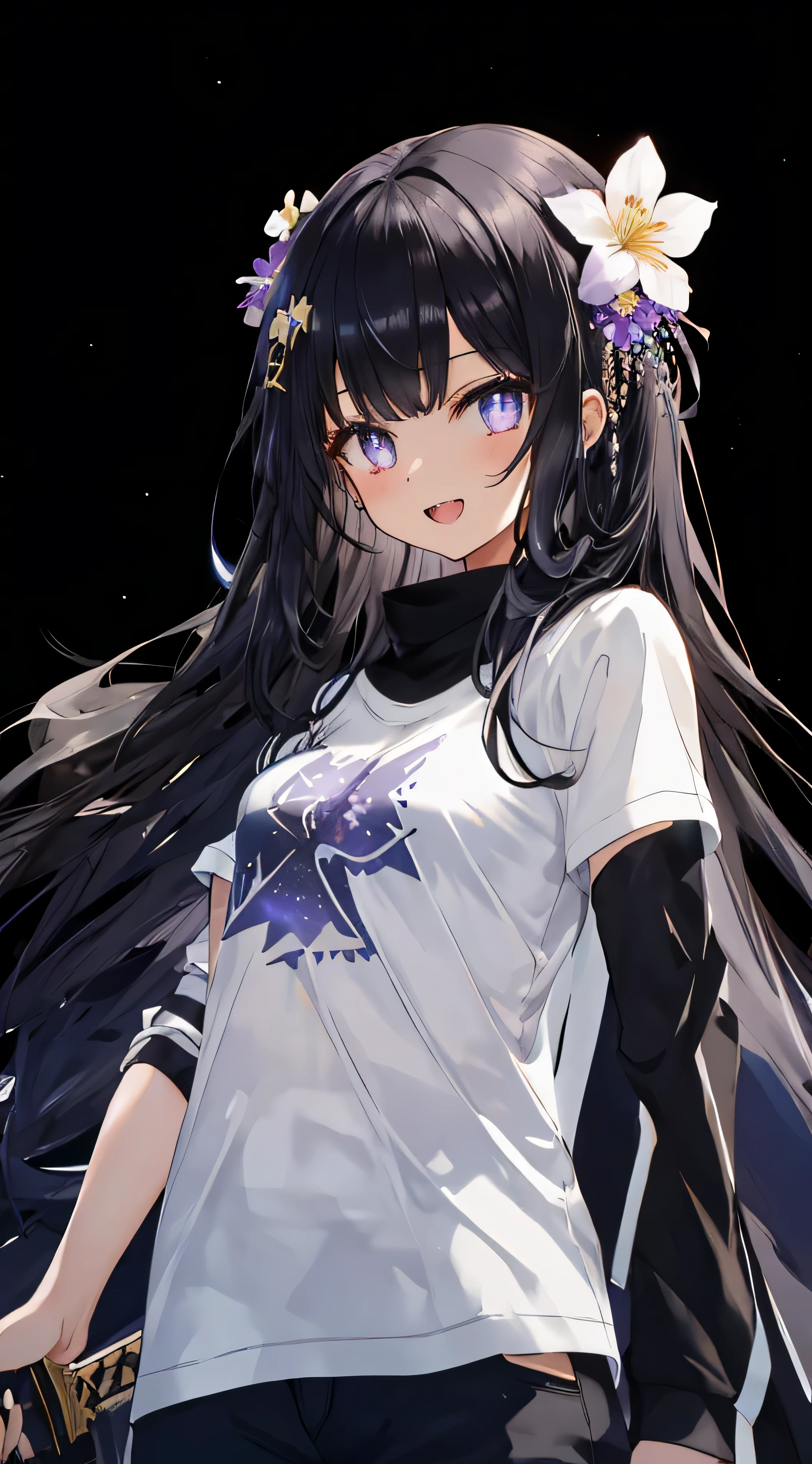 Masterpiece. Best quality. Full HD. Top body. 1girl, ( young girl, cute girl), slim body.medium breast, black hair.detailed beautiful eyes. Glowing eye. Bright violet eyes, long hair, bangs, black flower hair ornament, white T - shirt, holding sword.smile open mouth. Sharp teeth. The background is starry sky and shooting stars, black background 