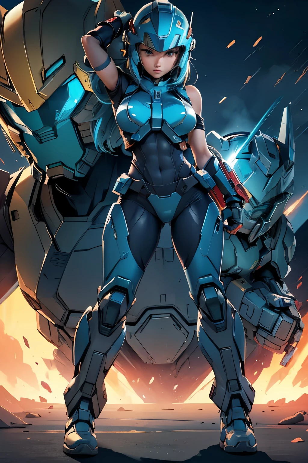 high quality, 8K Ultra HD, full body, imagine Samus form optimus prime, (((holding her helmet under her arm))). fierce look in her face, taking off her mech-suit