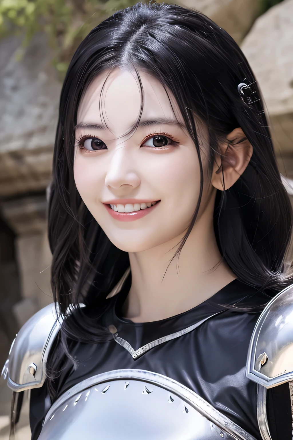 highest resolution, 4k, masterpiece: 1.3), japanese mature, photo of a woman, sexy, fine eyes, slender body shape, realistic teeth, double eyelid, full body, highest quality, be familiar with, equipped with armor, in a fantasy world, The background is a castle、black hair、smile、beautiful teeth、wearing a helmet