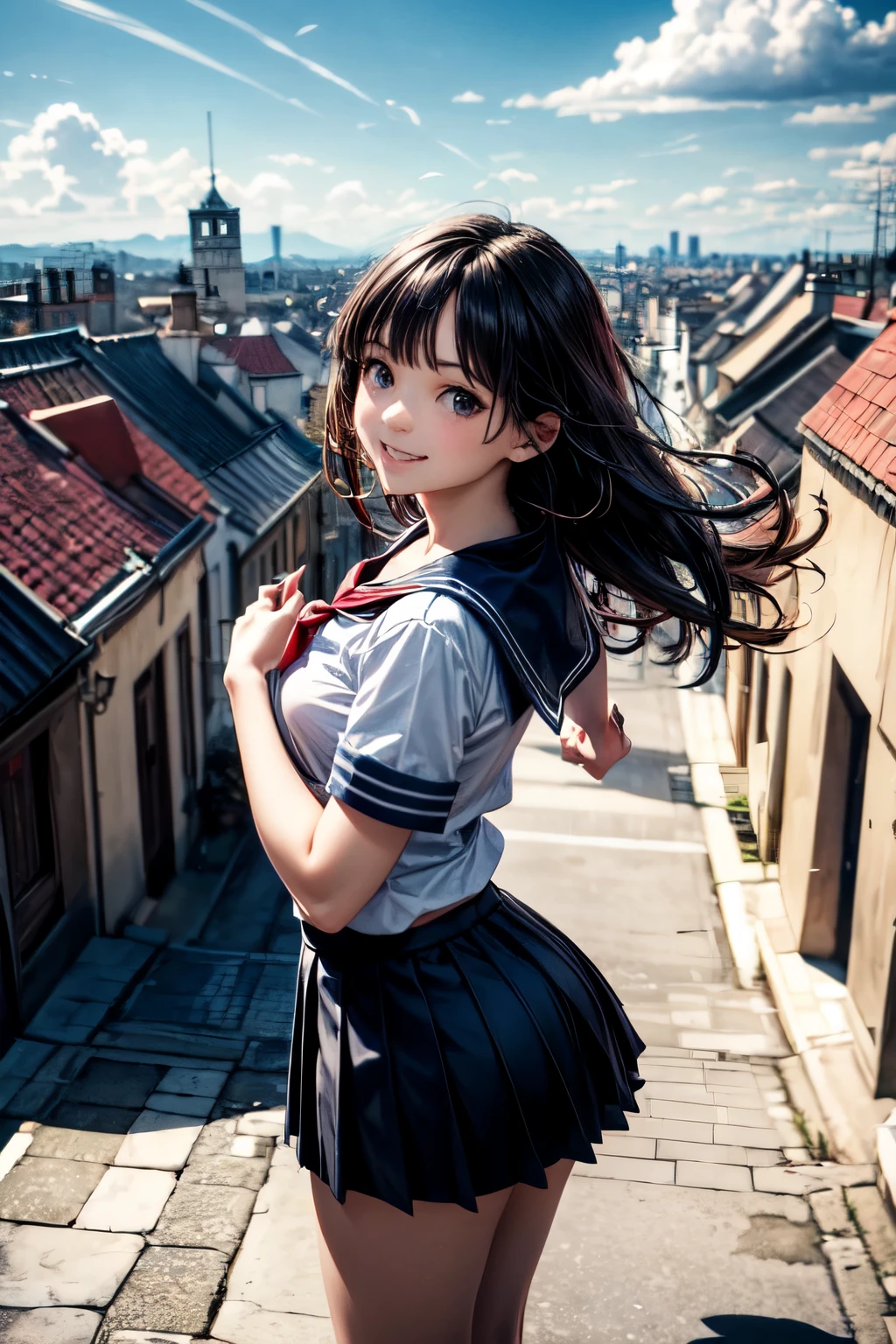 very cute and beautiful girl,teen,(highly detailed beautiful face),
(smile:1.2),happy,black hair,(sailor ,pleated navy blue mini skirt),dynamic pose,looking at viewer,
many european houses with red roof,(town overview:1.2),
(best quality,masterpiece:1.0),absurdres,highres,ultra-detailed,extremely detailed,32k,8k resolution,
intricate details,cinematic scene,detailed background,solo,dynamic angle,
solo,hair fluttering in the wind,beautiful detailed sky,