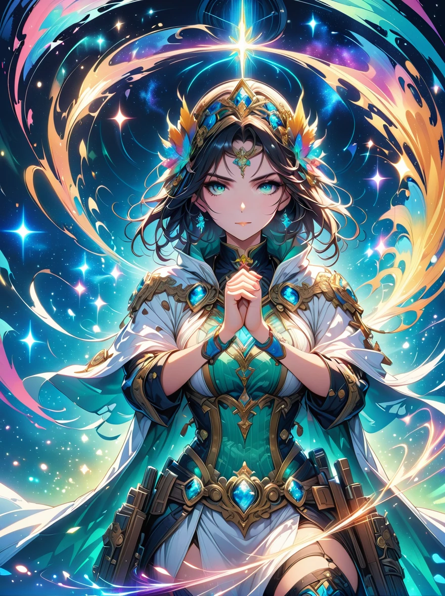 (masterpiece, top quality, best quality, official art, Beautiful and beautiful:1.2), (1 girl), extremely detailed, (fractal art:1.3), rich and colorful, most detailed, perfect face, Upper body, high dynamic range, (pray:1.3), (white cloak golden lines:1.2), galaxy, (light streaks), Eye-catching visuals, (dynamic stripes, glow trail:1.2), bright colors,