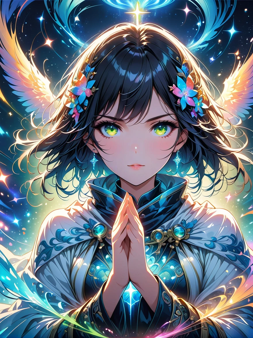 (masterpiece, top quality, best quality, official art, Beautiful and beautiful:1.2), (1 girl), extremely detailed, (fractal art:1.3), rich and colorful, most detailed, perfect face, Upper body, high dynamic range, (pray:1.3), (white cloak golden lines:1.2), galaxy, (light streaks), Eye-catching visuals, (dynamic stripes, glow trail:1.2), bright colors,