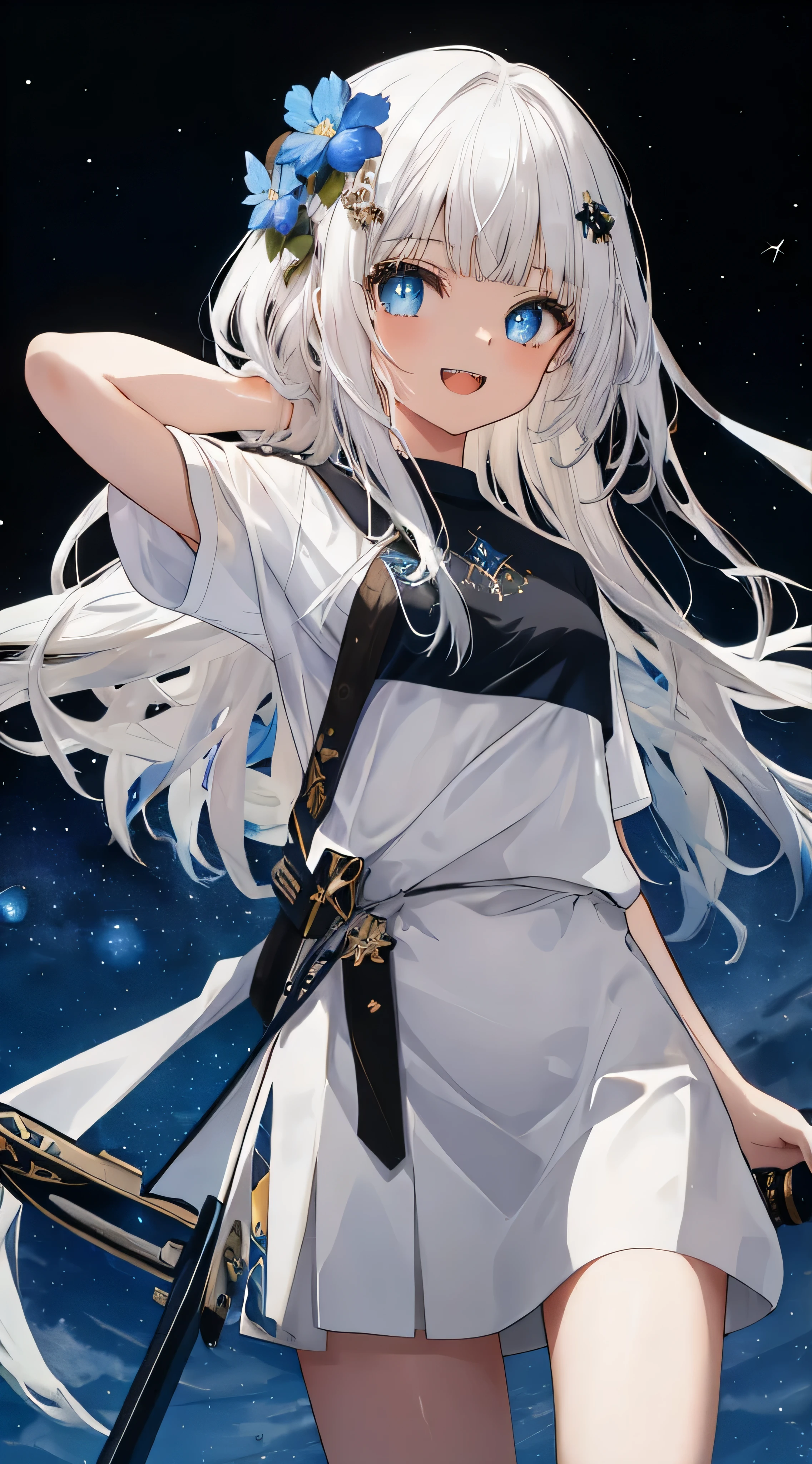 Masterpiece. Best quality. Full HD. Top body. 1girl, ( young girl, cute girl), slim body.medium breast, white hair.detailed beautiful eyes. Glowing eye. Bright blue eyes, long hair, bangs, black flower hair ornament, white T - shirt, holding sword.smile open mouth. Sharp teeth. The background is starry sky and shooting stars, black background 