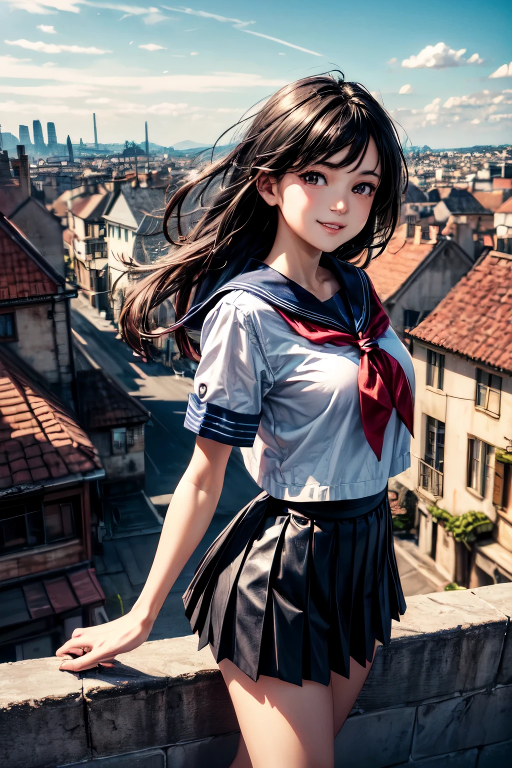 very cute and beautiful girl,teen,(highly detailed beautiful face),
(smile:1.2),happy,black hair,(sailor ,pleated navy blue mini skirt),dynamic pose,looking at viewer,
many european houses with red roof,(town overview:1.2),
(best quality,masterpiece:1.0),absurdres,highres,ultra-detailed,extremely detailed,32k,8k resolution,
intricate details,cinematic scene,detailed background,solo,dynamic angle,
solo,hair fluttering in the wind,beautiful detailed sky,