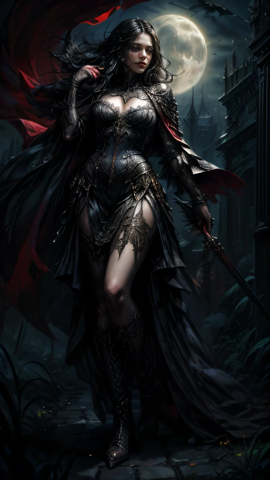 arafed, dark fantasy art, gothic art, (masterpiece:1.5), full body best details, highly detailed, best quality, highres, full body portrait of a vampire,  (Masterpiece:1.4, best quality), fangs, ultra feminine (intricate details:1.4, Masterpiece, best quality) with a long curvy hair, dark color hair, red eyes (fantasy art:1.3, Masterpiece, best quality), ((beautiful delicate face)), Ultra Detailed Face (intricate details:1.4, fantasy art, Masterpiece, best quality), [visible sharp vampiric fangs] (intricate details, fantasy art, Masterpiece, best quality), [anatomically correct] red cloak, flowing cloak (intricate details, fantasy art, Masterpiece, best quality), wearing an intricate leather [white] dress (intricate details, gothic art, Masterpiece, best quality), high heeled boots, blood dripping on lips, urban background (intense details, beat details), fantasy, at night light, natural ,moon light, soft moon light, moon rays, clouds, gothic atmosphere, gothic street background, bats flying in background, soft light, dynamic light, [[anatomically correct]], high details, best quality, 8k, [ultra detailed], masterpiece, best quality, (extremely detailed), dynamic angle, ultra wide shot, RAW, photorealistic, zrpgstyle