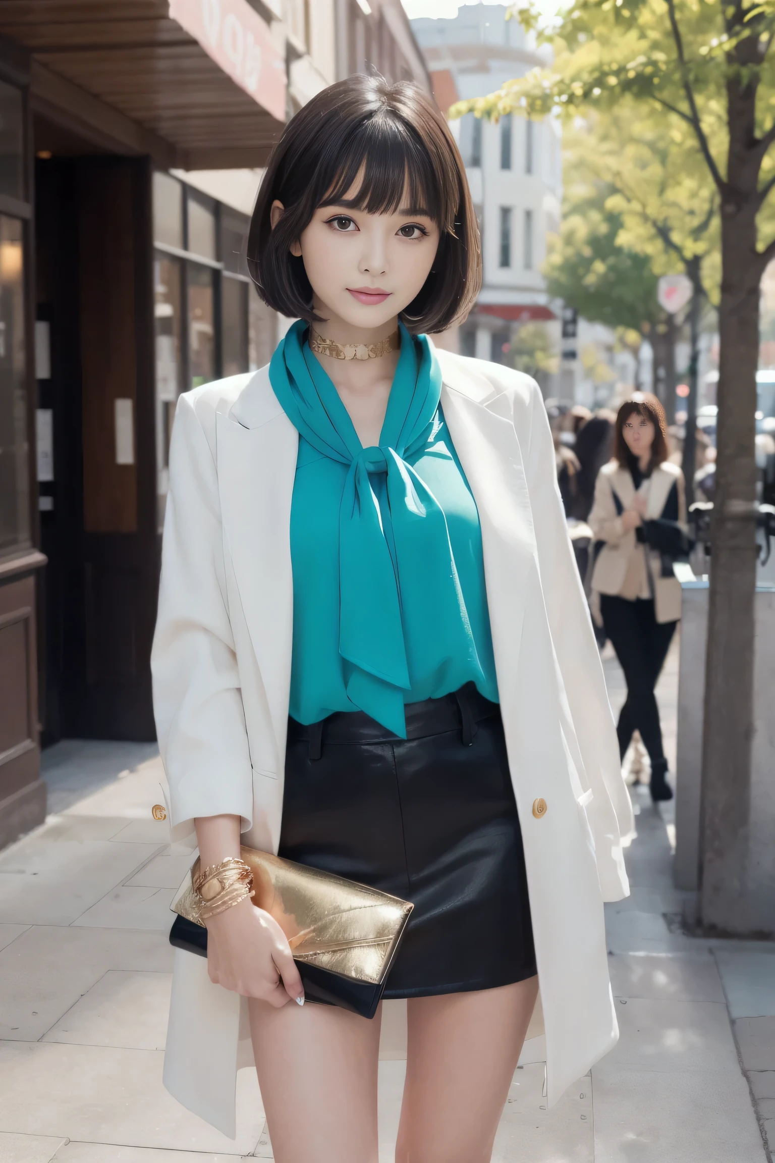 (((masterpiece, highest quality, Super detailed))), 1 female, (((very thin body))) , (((length, thin legs))), (((black short bob, thick and fluffy bangs ))), (((highly detailed face))), cosmetics free, small and thin nose, small thin mouth, (((Very sharp focused eyes))), Japanese, beautiful face, (lifelike face), beautiful hairstyle, realistic eyes, fine and beautiful eyes, (real looking skin), beautiful skin, charm, ultra high resolution, surreal, high detail, golden ratio, (detail makeup:1.2), Fashionable clothing prompts for women perfect for an art gallery opening on a sunny spring day in a downtown city.:In a tight white collar blouse、Pair it with a turquoise silk skirt、Gives a light and refreshing impression。Style your feet with turquoise strappy heeled sandals、Adds elegance。Choose accessories such as simple and elegant gold choker necklaces and bracelets.、Adds an elegant accent。Carry a turquoise or gold clutch bag、Tightens the overall coordination。Makeup with turquoise accessories、Creates a modern and sophisticated atmosphere。lastly、By wearing a thin turquoise cashmere stole over your shoulder.、Adds spring-like lightness and elegance。