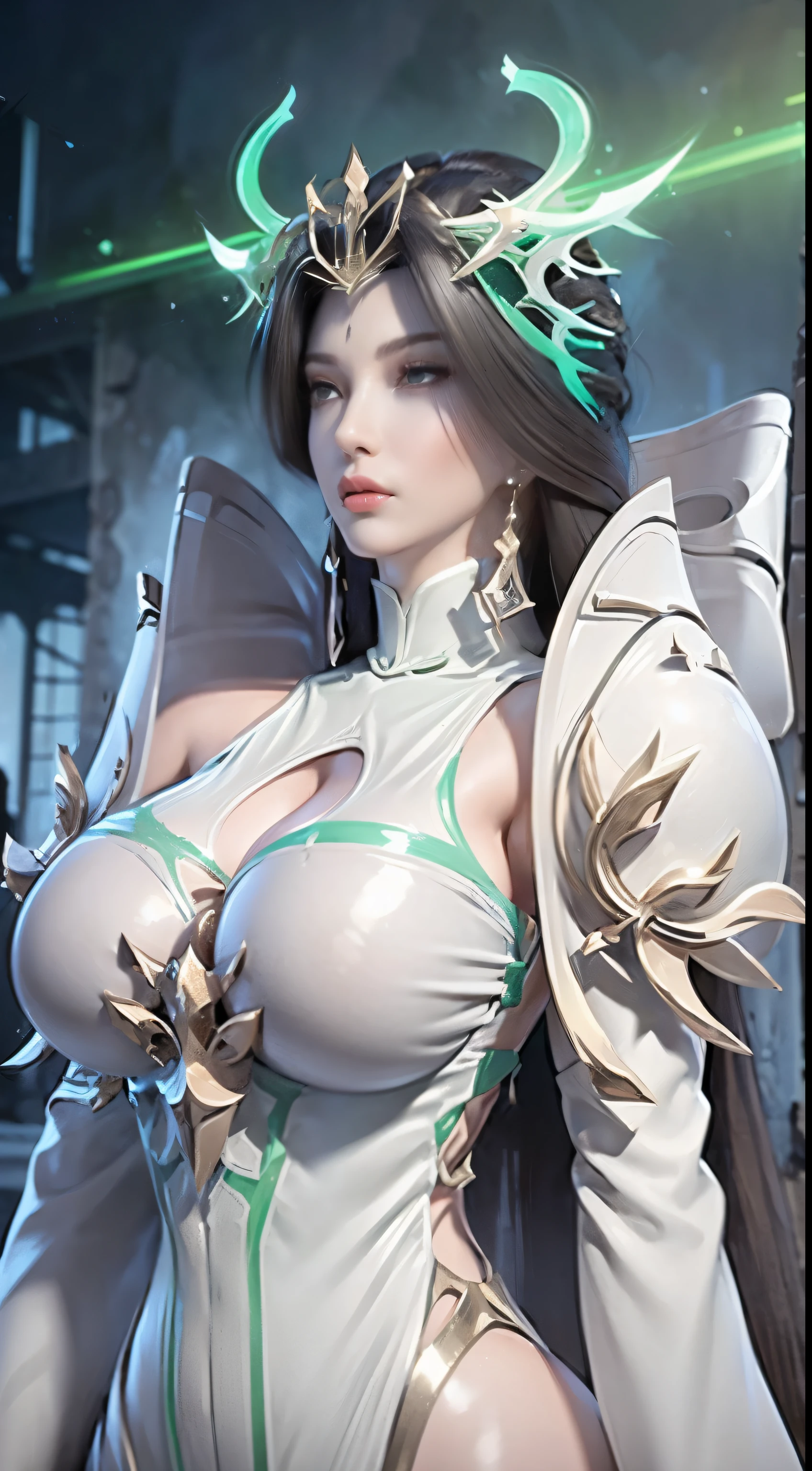 ((Unreal Engine 5)), Realistic rendering, Excellent, (fully armoured), (Cloak), (helm), looking on camera, Stand in the studio, Beautiful face, Makeup, CGImix, (Photorealism:1.2), ultrarealistic uhd face, (huge fake boobs:1.4), (gigantic cleavage breasts:1.1), (muscle abs), (big ass), (Wide hips), (Thick thighs), Slim waist, Hourglass figure, Half body, ((Glowing skin)), ((Shiny skin:1.5)), (Realistic body:1.5), ((She has sexy bodies)), ((Clean skin)), Photorealistic, Bokeh, Motion blur, Masterpiece, A high resolution, 1080p, Super detail, Textured skin.