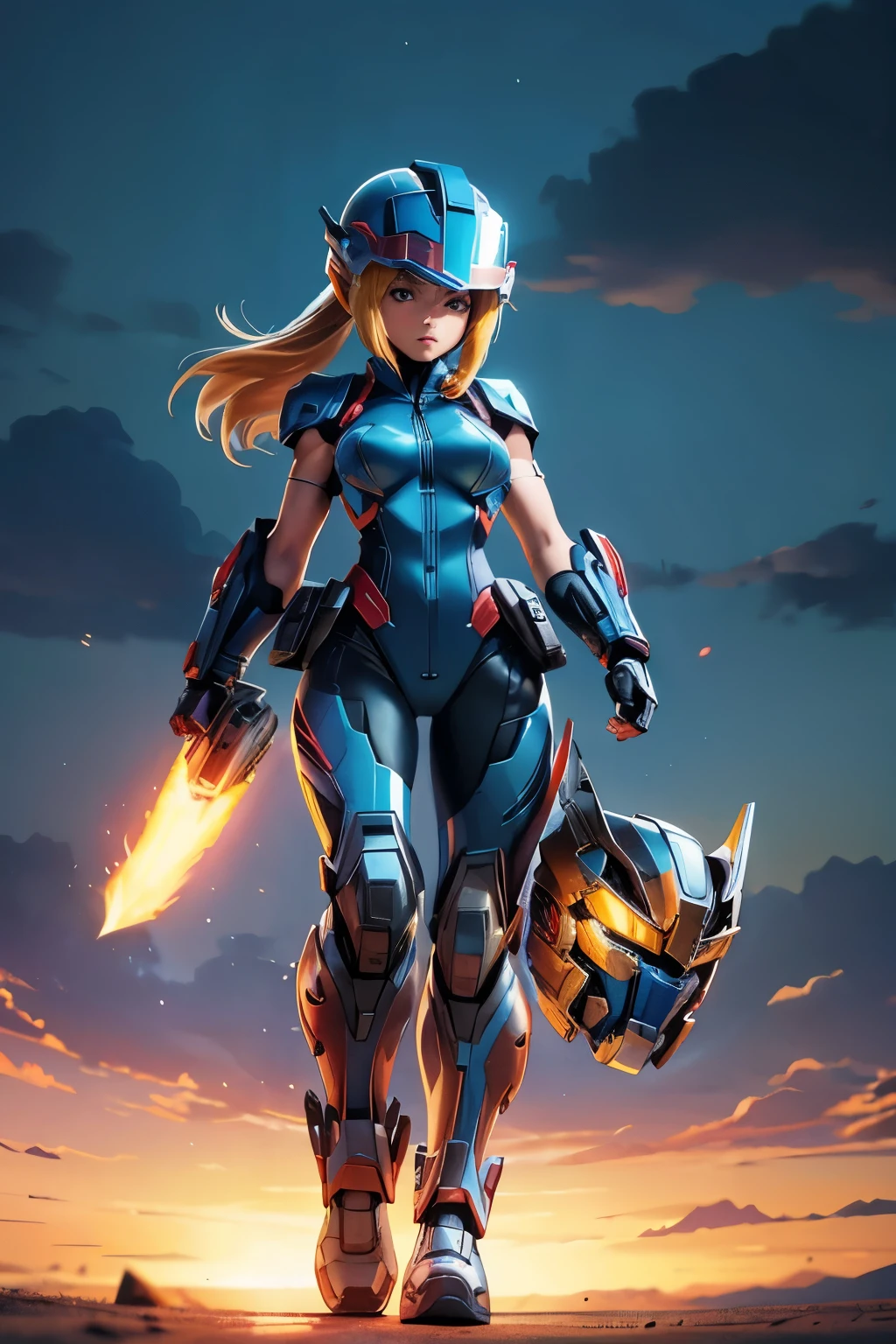 high quality, 8K Ultra HD, full body, imagine Samus form optimus prime, (((holding her helmet under her arm))). fierce look in her face, taking off her mech-suit