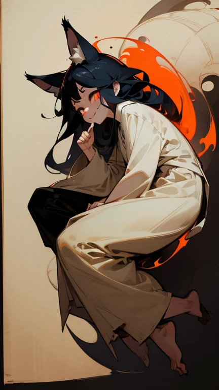 (A girl with a fox mask on the side of her head)), Outline warm color, ((fear of jumping)), scribble, nightmare, doll-like face, cartoon style, rough sketch, Horror elements, (masterpiece), (High resolution), (super delicate), (clear), Comic book style illustrations, (drawing style), warm color, (Horror elements), Japanese painting, full body, ghost, angle, (snap shot), bugaboo, that&#39;terrible, (Spooky), Japanese carving, primitive art, old picture scroll style, old staging, Ancient mural style, crazy illustration, antique, dark atmosphere, flat illustration, crazy smile, Spookyな外観, Characteristic hairstyle, creative accessories, Unique atmosphere

