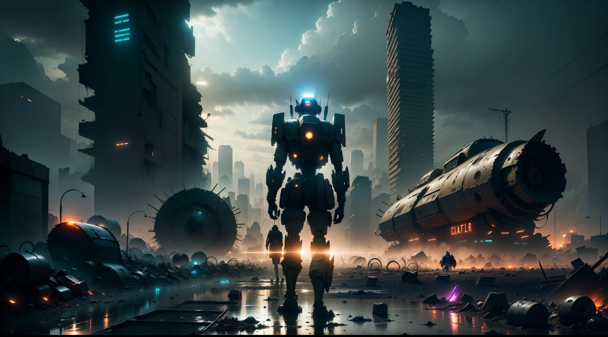 wasteland, ruins of the city, a person standing in front of a huge mecha wreckage, dim light, streets, garbage heaps, standing water, stones, dense weeds, dust, ruined neon lights, dust, heavy clouds, dusk, high quality, super fine, light detailed, 16k resolution, master works, movie lighting,