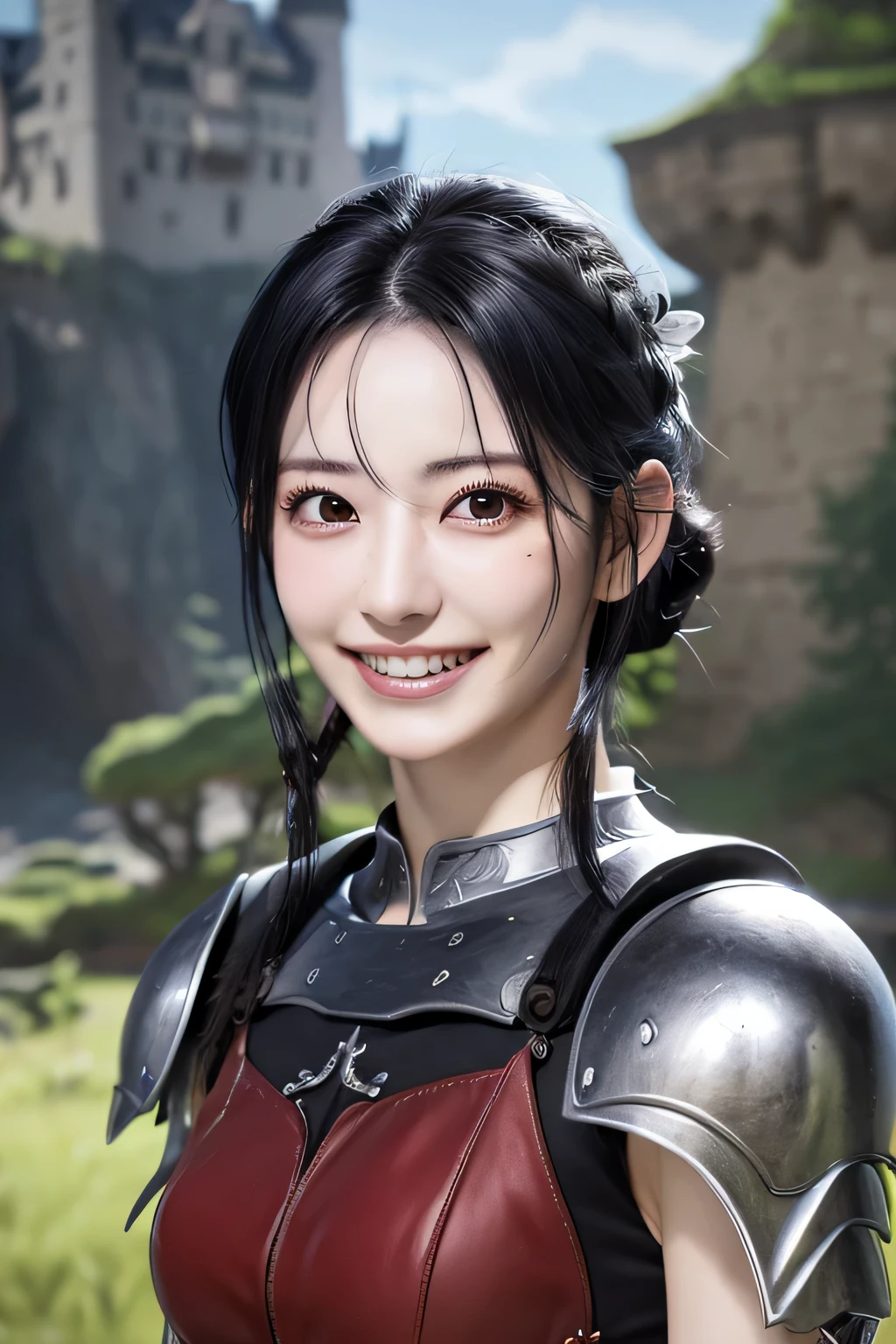highest resolution, 4k, masterpiece: 1.3), japanese mature, photo of a woman, sexy, fine eyes, slender body shape, realistic teeth, double eyelid, full body, highest quality, be familiar with, equipped with armor, in a fantasy world, The background is a castle、black hair、smile、beautiful teeth、ear piercing