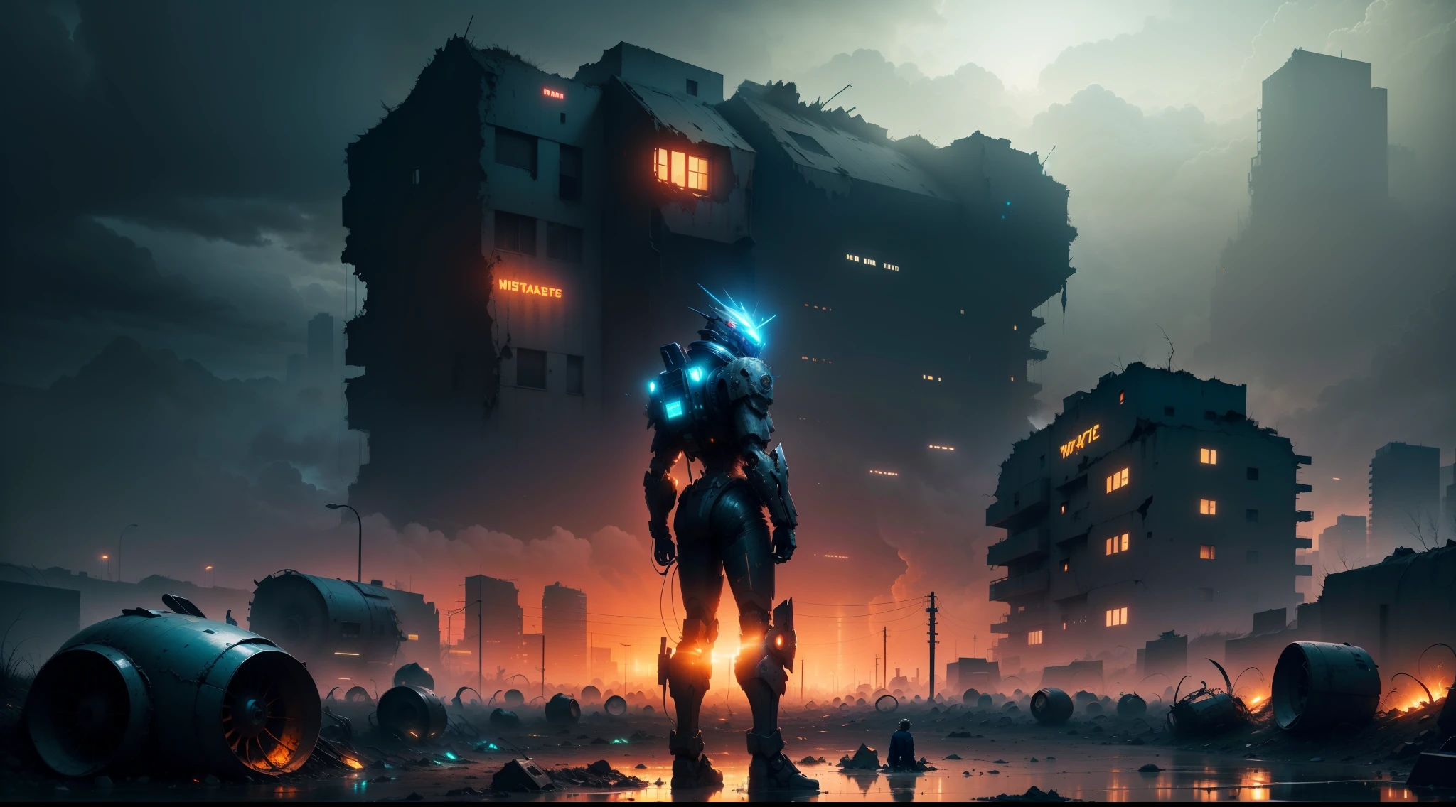 wasteland, ruins of the city, a person standing in front of a huge mecha wreckage, dim light, streets, garbage heaps, standing water, stones, dense weeds, dust, ruined neon lights, dust, heavy clouds, dusk, high quality, super fine, light detailed, 16k resolution, master works, movie lighting,