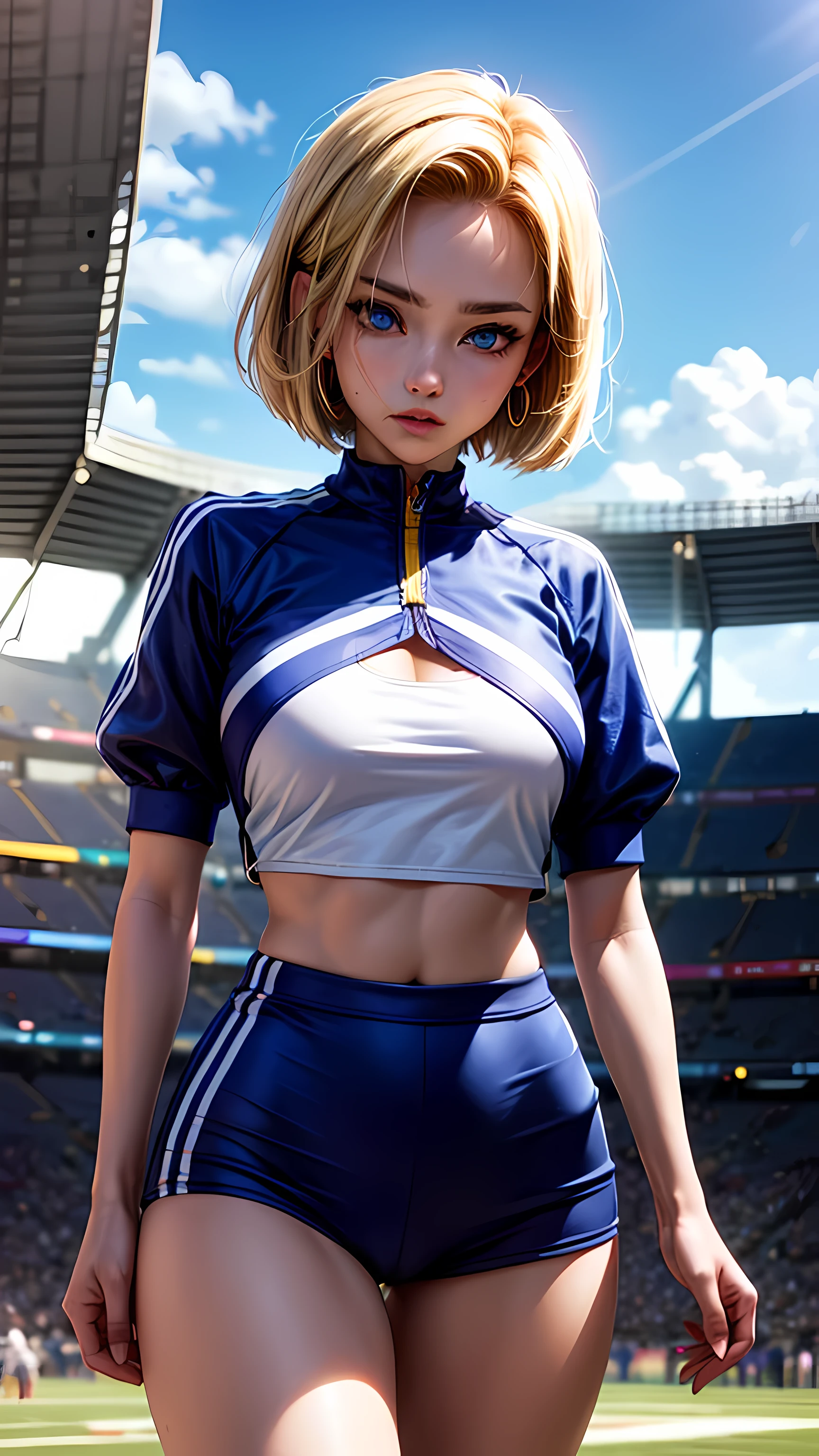 masterpiece, realistic, 8 K, (1 cute 18 year old girl with nice small firm breasts:1.5), Russian, blue-white-blue football uniform with inscription "Zenith", (blonde hair:1.1) , shortcut, (pixie haircut:1.2), Blue eyes, developed athletic muscles, athletic build, looking into the distance, smile、Turning, I don&#39;t wear a bra because it&#39;s uncomfortable, highest quality human skin texture, Realistic skin, Beautiful face, expressive look, upper body