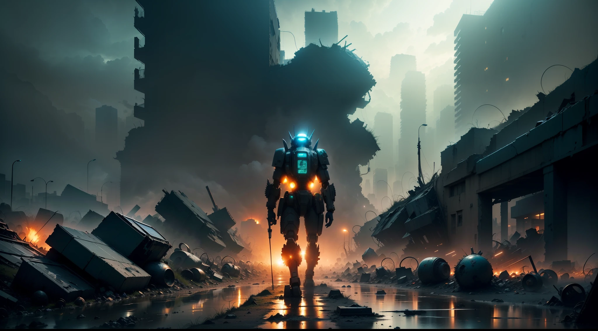 wasteland, ruins of the city, a person standing in front of a huge mecha wreckage, dim light, streets, garbage heaps, standing water, stones, dense weeds, dust, ruined neon lights, dust, heavy clouds, dusk, high quality, super fine, light detailed, 16k resolution, master works, movie lighting,
