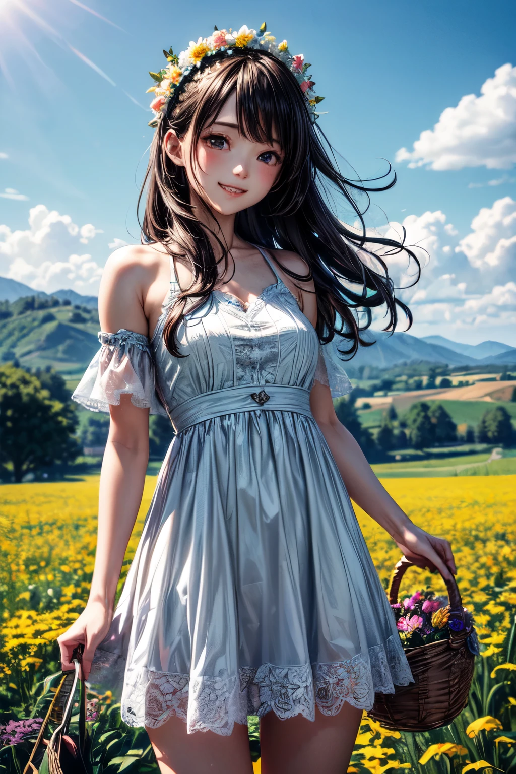 very cute and beautiful girl with flower crown,,white summer dress with detailed frills,detailed lace,
(highly detailed beautiful face),standing in middle of colorful flower field,(holding a basket of freshly picked flowers),
countryside,beautiful summer sky,cowboy shot,(smile:1.2),black hair,detailed legs,
(best quality,masterpiece:1.0),absurdres,highres,ultra-detailed,extremely detailed,32k,8k resolution,
intricate details,cinematic scene,detailed background,solo,dynamic angle,hair fluttering in the wind,