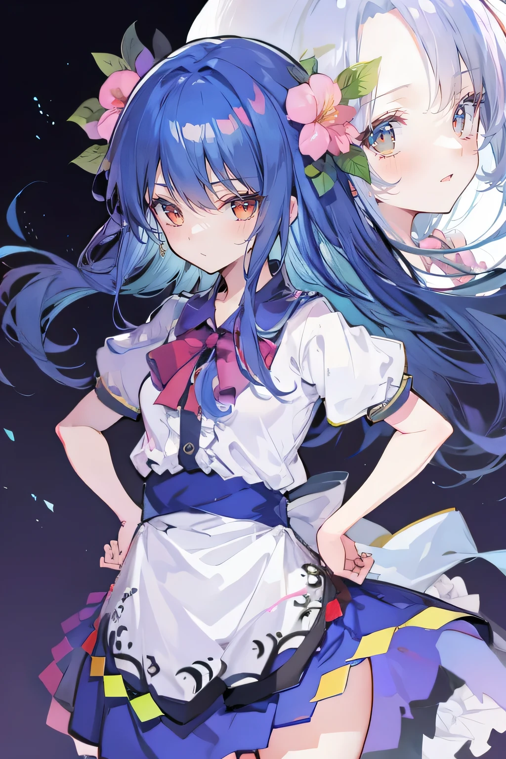 anime girl，blue hair，white skirt，There is a flower in the hair, Anime cute art style, from desire, Oriental Project, eager character, anime style 4k, night nucleus, Splash art anime , 2D anime style, cirno touhou, touhou, cirno from desire, High quality anime art style, official artwork