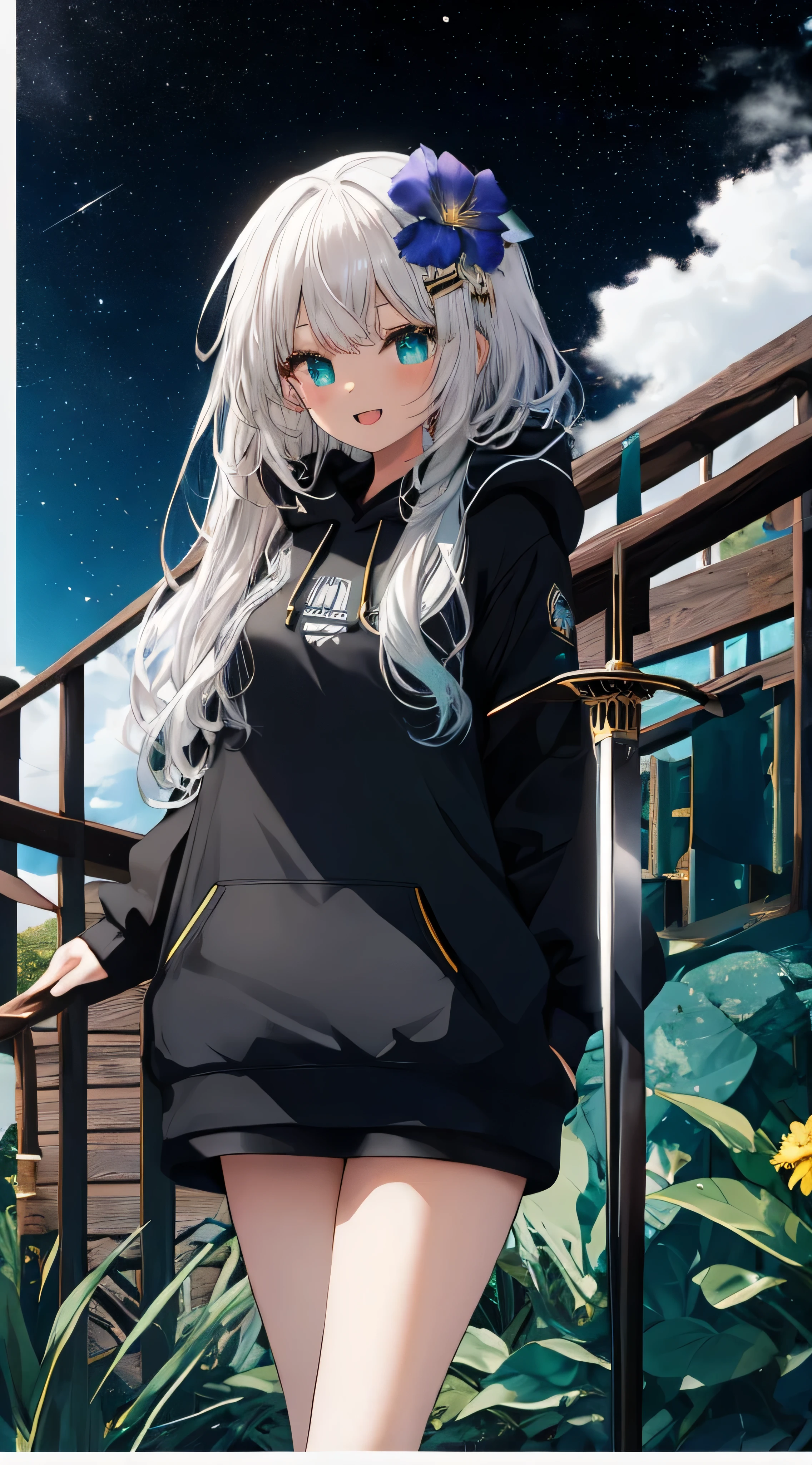 Masterpiece. Best quality. Full HD. Top body. 1girl, ( young girl, cute girl), slim body.medium breast, white hair.detailed beautiful eyes. Glowing eye. Bright aqua eyes, long hair, bangs, black flower hair ornament, black Hoodie oversized, holding sword.smile open mouth. Sharp teeth. The background is starry sky and shooting stars, black background 