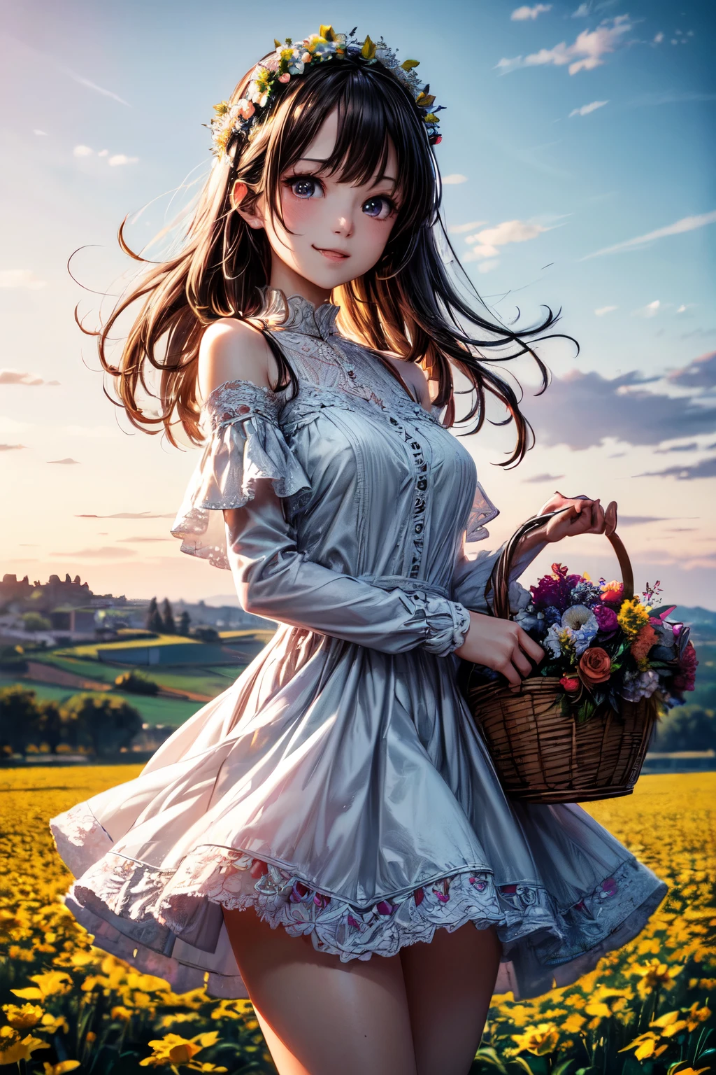 very cute and beautiful girl with flower crown,,white summer dress with detailed frills,detailed lace,
(highly detailed beautiful face),standing in middle of colorful flower field,(holding a basket of freshly picked flowers),
countryside,beautiful summer sky,cowboy shot,(smile:1.2),black hair,detailed legs,
(best quality,masterpiece:1.0),absurdres,highres,ultra-detailed,extremely detailed,32k,8k resolution,
intricate details,cinematic scene,detailed background,solo,dynamic angle,hair fluttering in the wind,