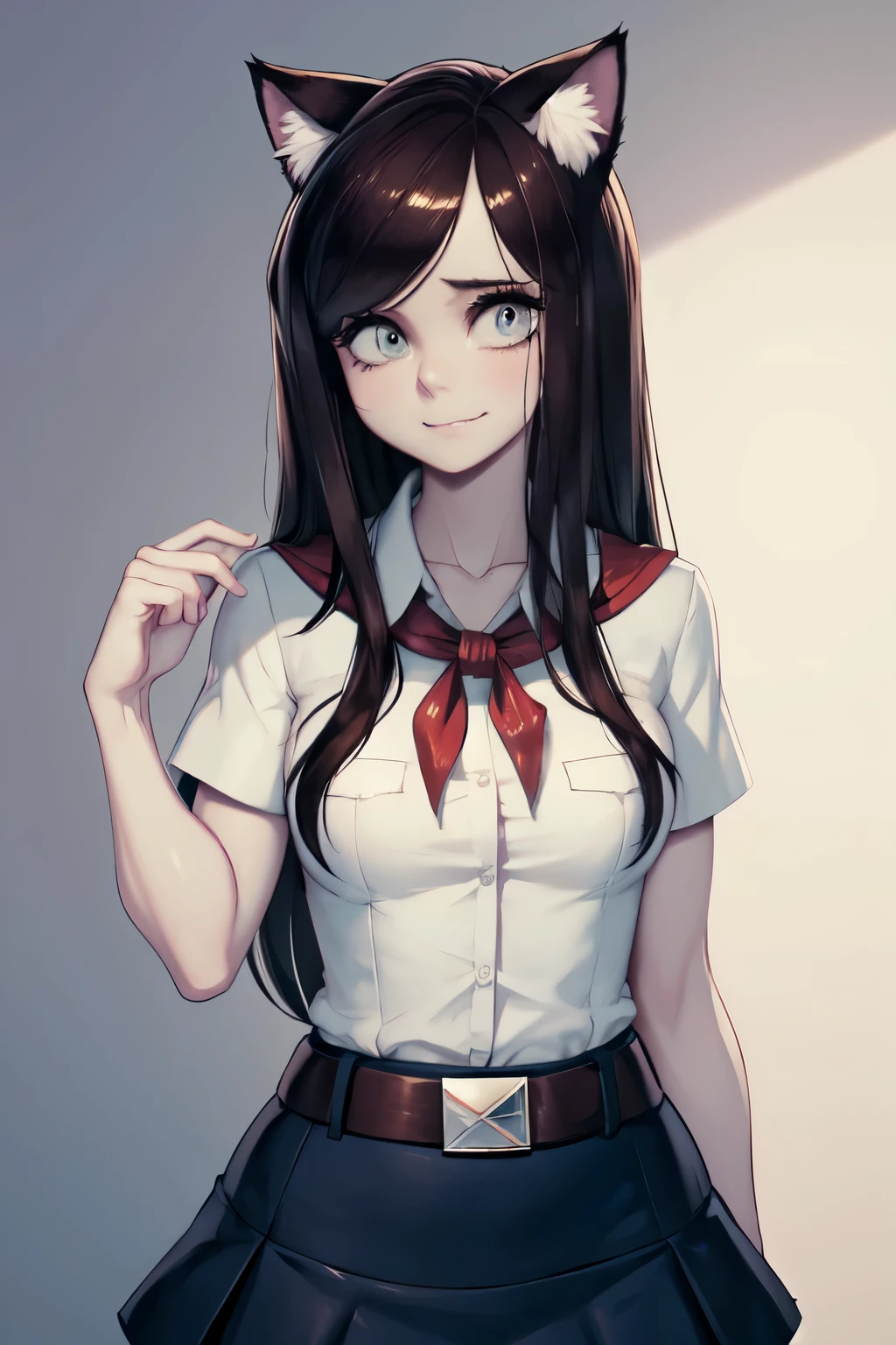 very young slim fit girl, at full height, rounded face, very long disheveled dark brown hair, big brown eyes, shy smile, perfect flat breast, band on head with fake cat ears, parororo, pioneer neckerchief, blue thight microskirt, bangs, shirt, collarbone, white shirt, short sleeves, collared shirt, belt, neckerchief, eyelashes, red neckerchief, breast pocket, ariaw 