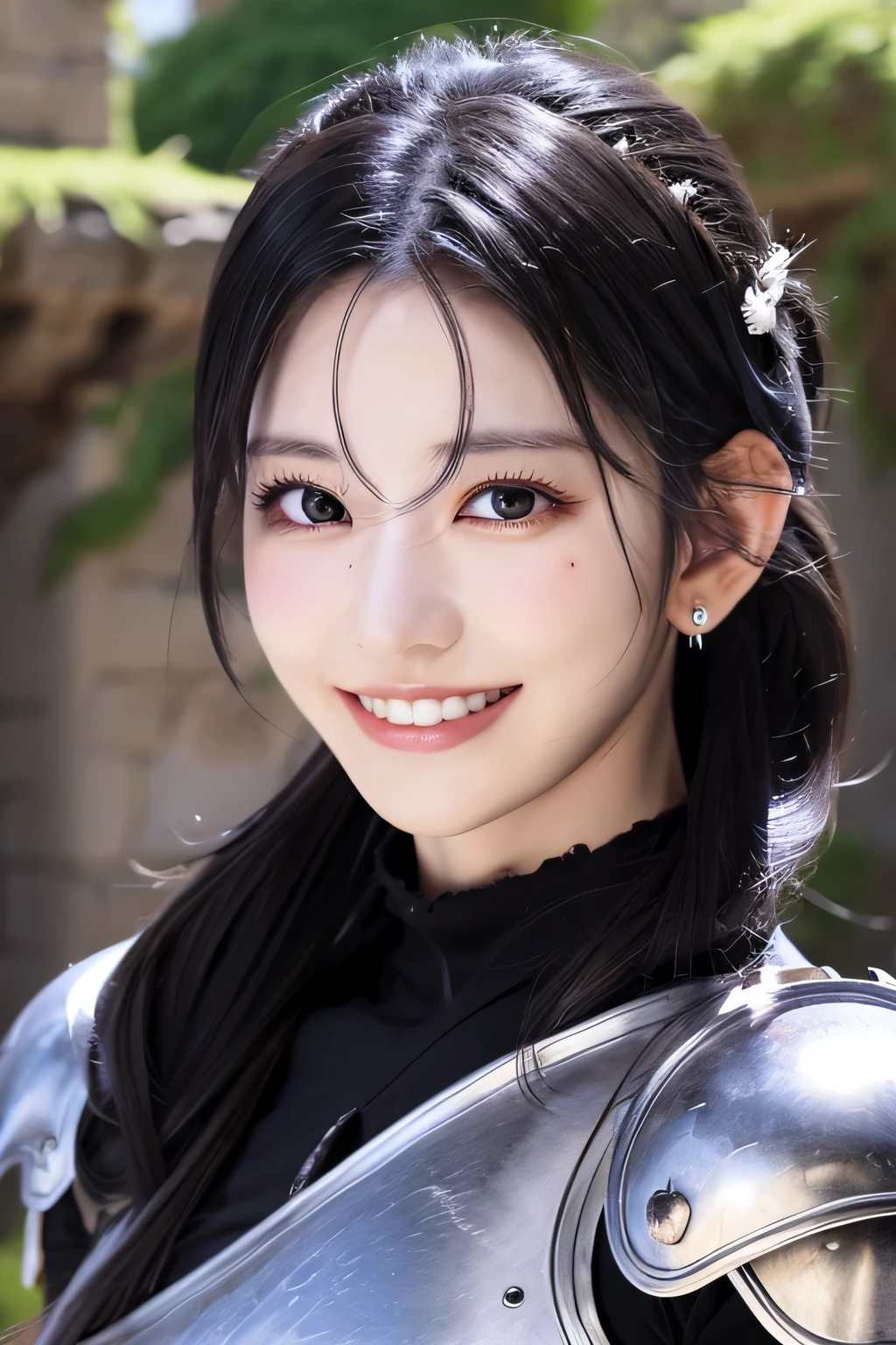 highest resolution, 4k, masterpiece: 1.3), japanese mature, photo of a woman, sexy, fine eyes, slender body shape, realistic teeth, double eyelid, full body, highest quality, be familiar with, equipped with armor, in a fantasy world, The background is a castle、black hair、ear piercing、smile、beautiful teeth