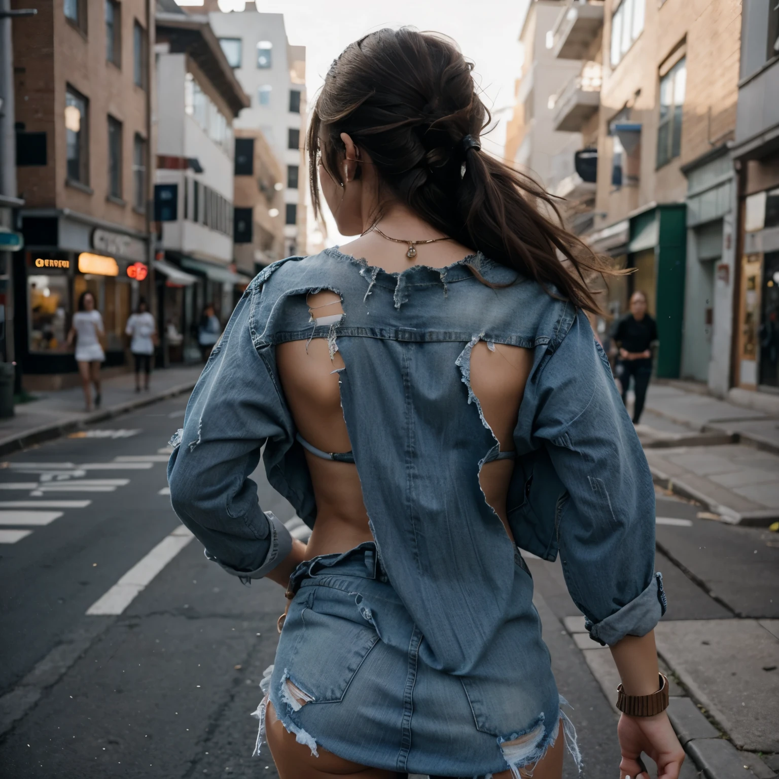 Girl in ripped clothes running from behind