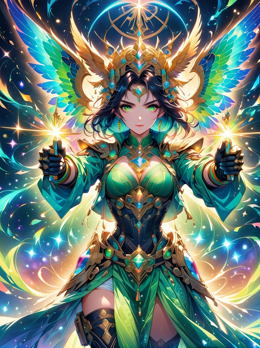 (masterpiece, top quality, best quality, official art, Beautiful and beautiful:1.2), (1 girl), extremely detailed, (fractal art:1.3), rich and colorful, most detailed, perfect face, Upper body, high dynamic range, (pray:1.3), (white cloak golden lines:1.2), galaxy, (light streaks), Eye-catching visuals, (dynamic stripes, glow trail:1.2), bright colors,