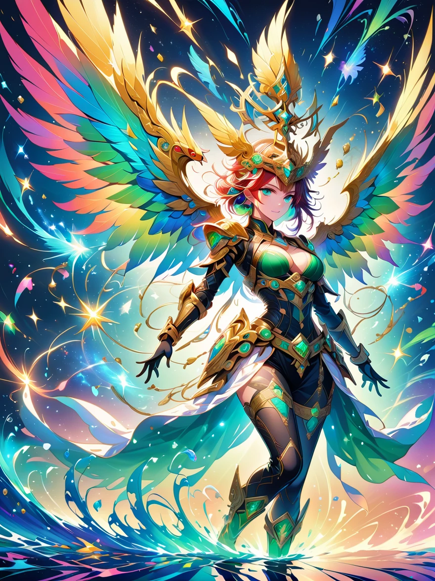 Craft an image of a meticulously dream warrior, adorned in vibrant lemon green, cherry red, and sky blue hues. Quantum dots dance around her, reflecting energy levels through rotating cosmic golden patterns. The composition includes elements such as pearl dewdrops, refractive diffraction, ferromagnetic fluid dynamics, asymmetric polyhedral toys, exquisite line work, and complex details reminiscent of the Akashic records. The use of octane rendering enhances the visual experience, culminating in a mesmerizing display adorned with golden hieroglyphics.