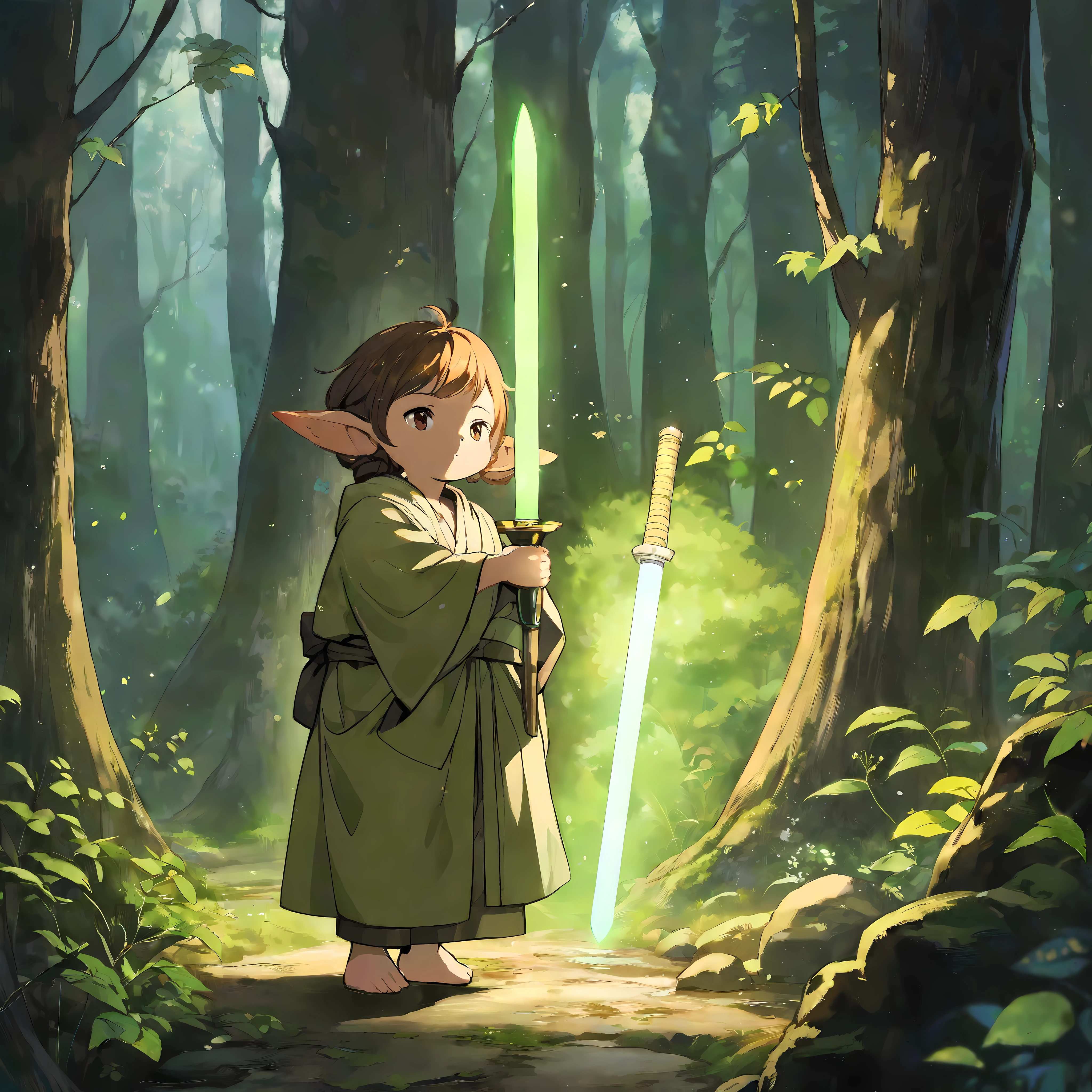 Generate an image in the Anime or Cartoon style of Studio Ghibli featuring a young Yoda in a serene forest setting. Yoda should be depicted as a youthful version of himself, with all the charm and wisdom associated with the character.

Yoda should be shown wearing his traditional Jedi robe, which should be rendered with attention to detail, featuring earthy tones and intricate Jedi insignia. The robe should flow gracefully around Yoda's figure, adding to the sense of movement and tranquility in the scene.

Yoda should be depicted holding his green lightsaber, the iconic weapon of the Jedi Order, in a poised stance. The lightsaber's blade should emit a soft green glow, casting a warm light on the surrounding foliage.

Pay close attention to capturing Yoda's wise and serene expression, reflecting his deep connection to the Force and his role as a Jedi Master. Ensure that his features resemble those of the character in the Studio Ghibli art style, with expressive eyes and endearing facial features.

The forest setting should be rendered with lush greenery and dappled sunlight filtering through the trees. Incorporate elements such as winding paths, moss-covered rocks, and gently swaying branches to enhance the natural beauty of the scene.

Overall, aim to create a visually stunning and emotionally resonant portrayal of a young Yoda in a forest, capturing the essence of his character and the magic of the Studio Ghibli style.