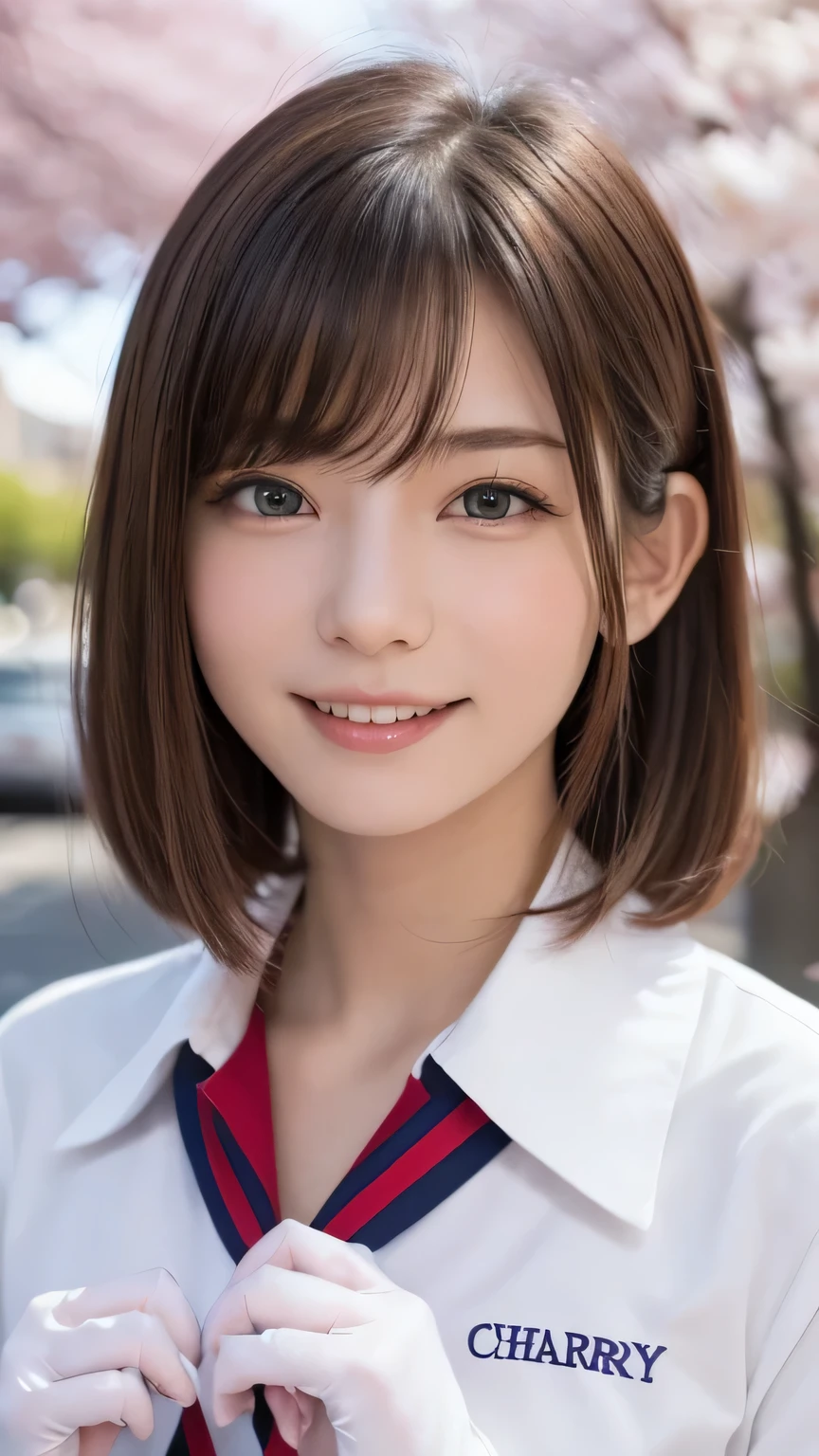 one girl, (a beauty girl, delicate girl:1.3), (:1.3),
break, (spring, cute uniform:1.3),
break, (Street view:1.3), (cherry blossoms fall:1.3), (wool gloves), perfectly trimmed fingers,
break, very fine resolution, (symmetrical eyes:1.3),
break, small breasts, brown eyes, parted bangs, brown hair,  girl,
break, (Eye and face details:1.0), (get closer to the face, enlarge the face, face focus:1.0),close up of face,
break, (masterpiece, highest quality, Super detailed, detailed face, 8K),SakuraFubuki,cherry blossom petals,smile,random pose、blue eyes、white gloves,ponytail、SakuraFubuki、gloves