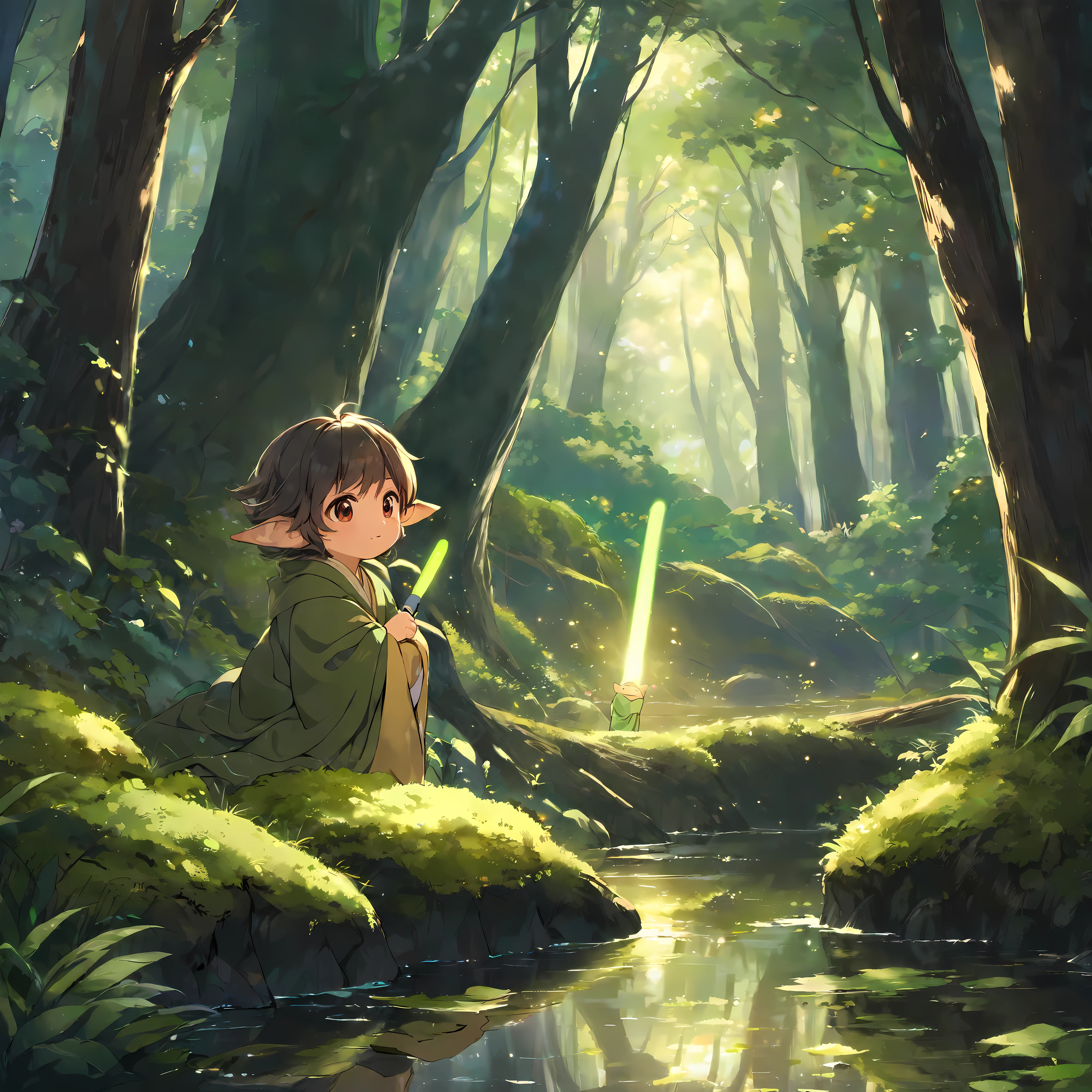 Generate an image in the Anime or Cartoon style of Studio Ghibli featuring a young Yoda in a serene forest setting. Yoda should be depicted as a youthful version of himself, with all the charm and wisdom associated with the character.

Yoda should be shown wearing his traditional Jedi robe, which should be rendered with attention to detail, featuring earthy tones and intricate Jedi insignia. The robe should flow gracefully around Yoda's figure, adding to the sense of movement and tranquility in the scene.

Yoda should be depicted holding his green lightsaber, the iconic weapon of the Jedi Order, in a poised stance. The lightsaber's blade should emit a soft green glow, casting a warm light on the surrounding foliage.

Pay close attention to capturing Yoda's wise and serene expression, reflecting his deep connection to the Force and his role as a Jedi Master. Ensure that his features resemble those of the character in the Studio Ghibli art style, with expressive eyes and endearing facial features.

The forest setting should be rendered with lush greenery and dappled sunlight filtering through the trees. Incorporate elements such as winding paths, moss-covered rocks, and gently swaying branches to enhance the natural beauty of the scene.

Overall, aim to create a visually stunning and emotionally resonant portrayal of a young Yoda in a forest, capturing the essence of his character and the magic of the Studio Ghibli style.