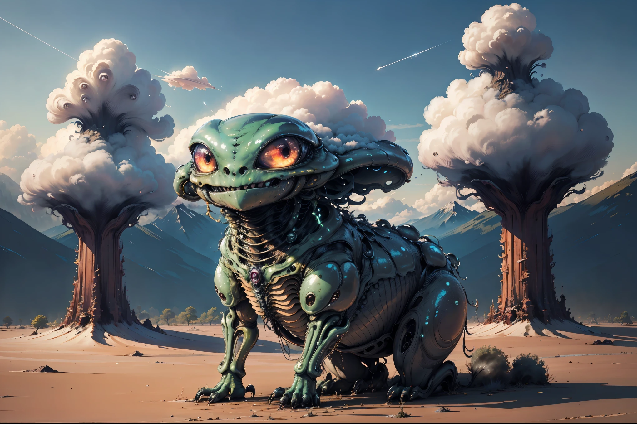 (highest quality, 4k, High resolution, masterpiece:1.2), Super detailed, Alien, Earth's surface filled with gas, Wilderness, spookyAlienの風景, (Unforgettable,spooky)haze, (Unlucky,Disastrous)cloud, spookyカラーパレット, (((wandering alien:1.3))), 500㎜, f/4.0, photo shoot,
