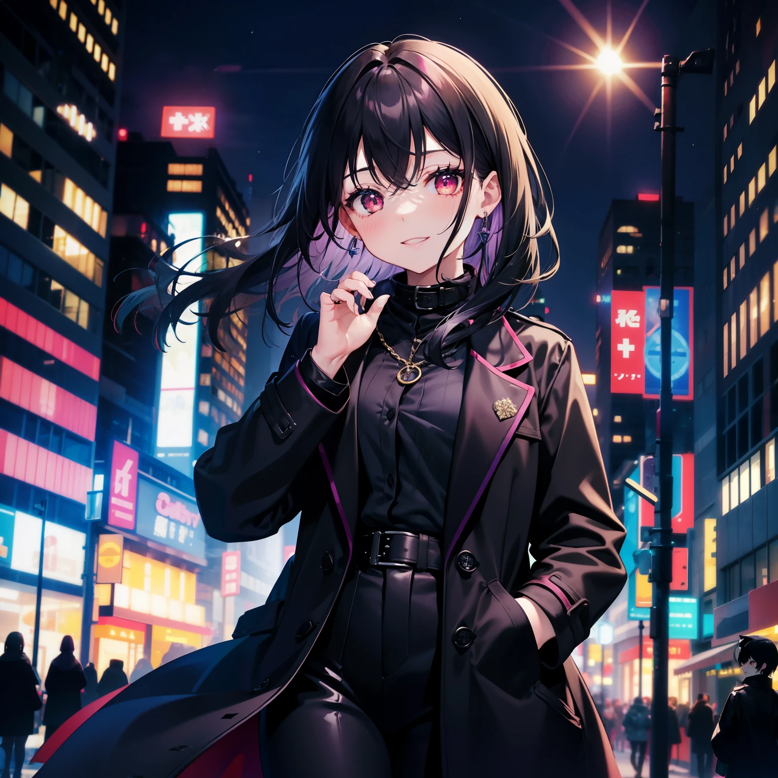 girl, City of night, coat, put one&#39;s hand in one&#39;s pocket , logothic, medium black hair, purple rock, dark red eyes, portrait、highlight、smile