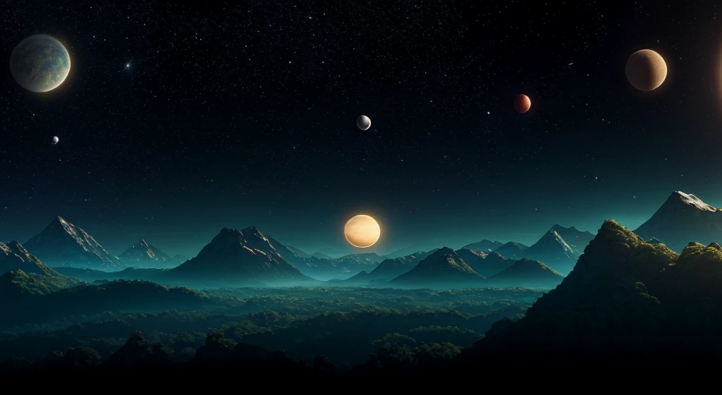 8k quality, a distant planet, with two moons orbiting the planet (one larger and one smaller), lush vegetation, alien animals, vivid colors, mountains in the background, panorama photo.
