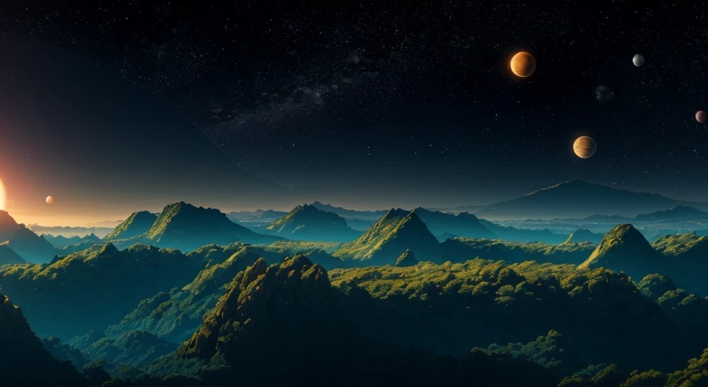 8k quality, a distant planet, with two moons orbiting the planet (one larger and one smaller), lush vegetation, alien animals, vivid colors, mountains in the background, panorama photo.