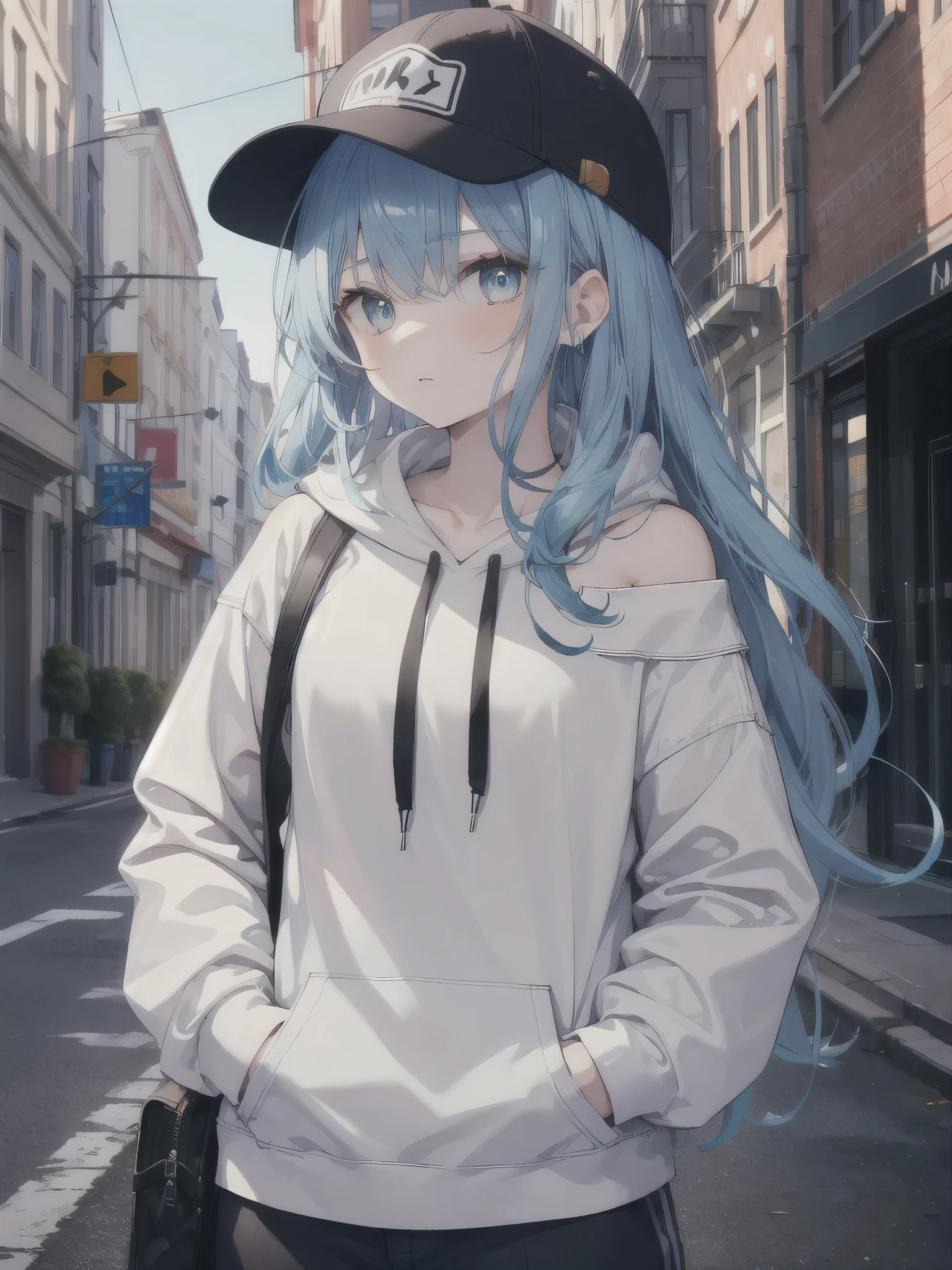 masterpiece,1girl,solo,long hair,blue hair,hoodie,off shoulder:1.2, mob cap, street,hand on hip, hand in pocket,